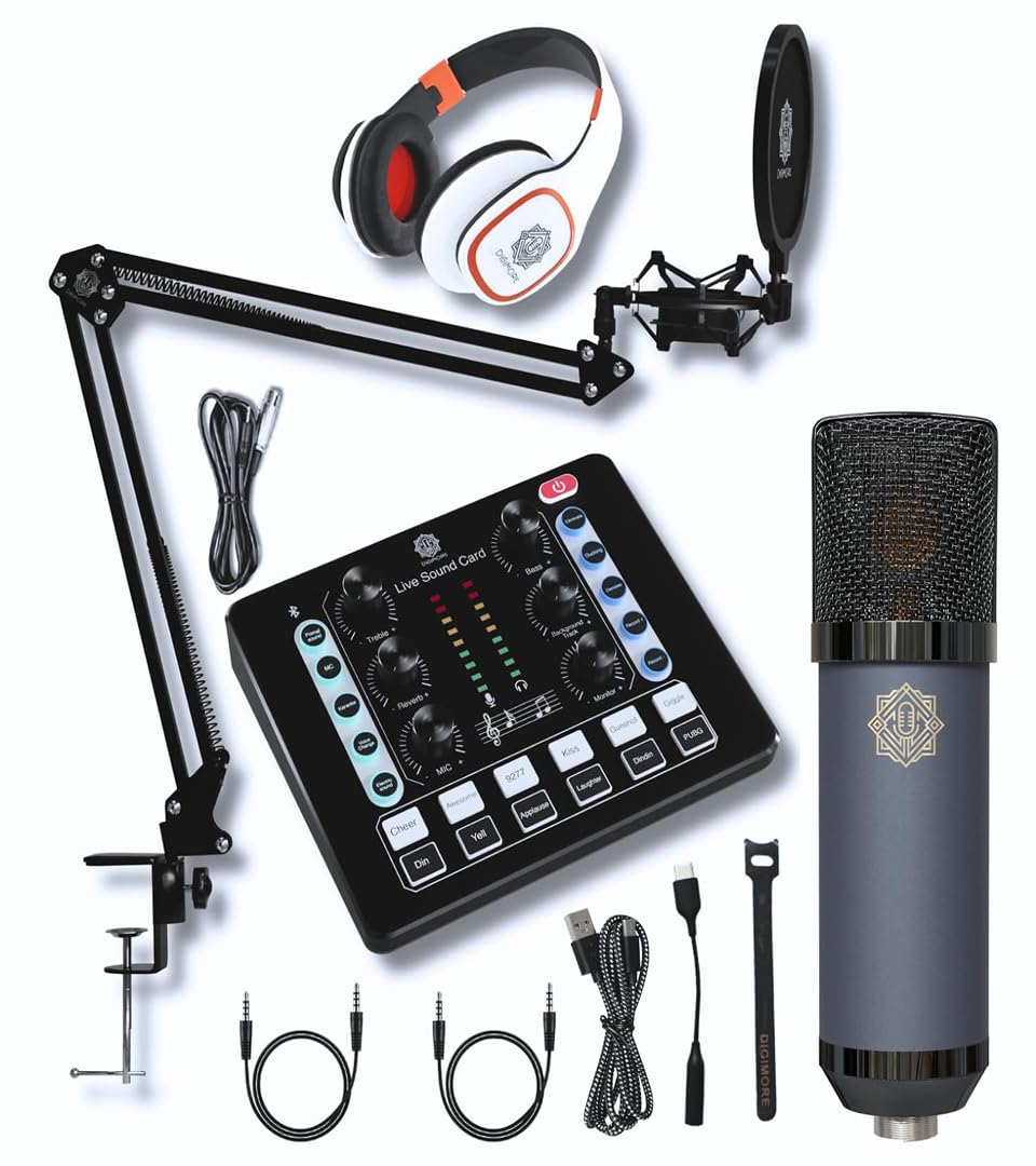 DIGIMORE Condenser Microphone Kit with Studio Headphones, Live Sound Card, Boom Arm Stand, Shock Mount and Pop Filter Ideal for Recording, Starmaker Singing, Live Streaming and Podcast Setup (D-440)