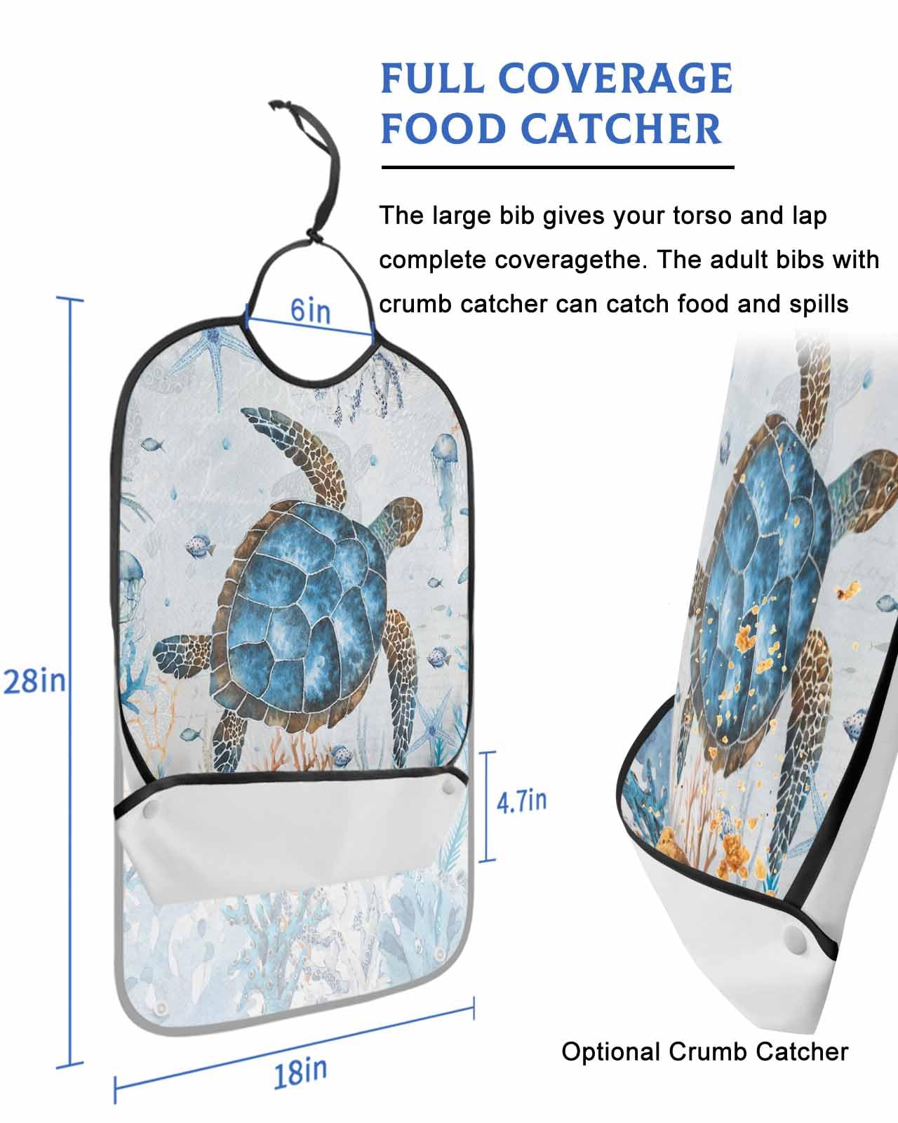 LEOKOTI Blue Sea Turtle Adult Bibs for Eating, Waterproof Bibs with Food Catcher & Snap Closure, Coastal Nautical Coral Summer Beach Seaside Washable Clothing Protectors Adult Bibs for Elderly