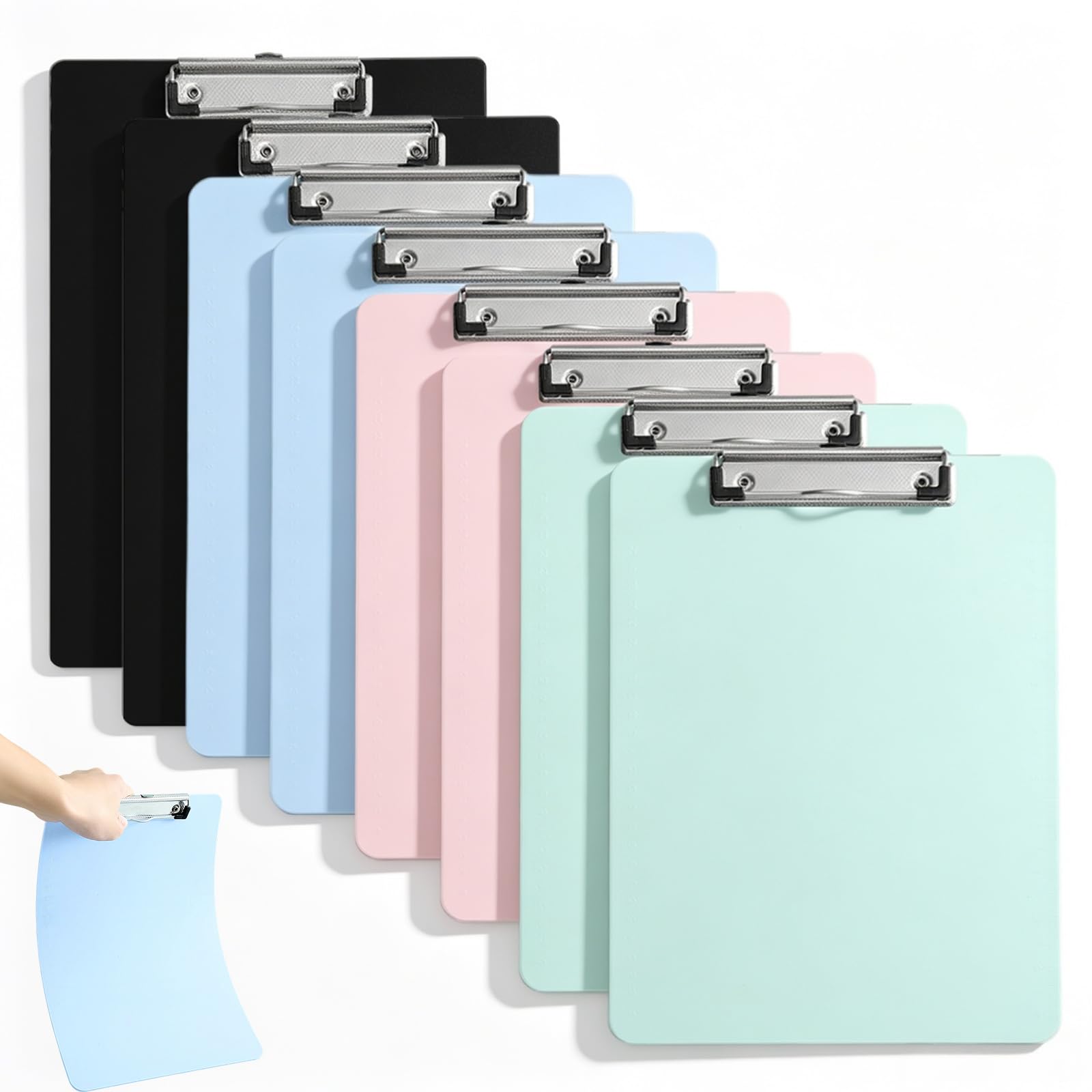 8 Pcs Clipboard A4, Plastic Clip Boards A4 with Metal Clip and Hidden Hook 4 Colours for Office, Work, Classroom