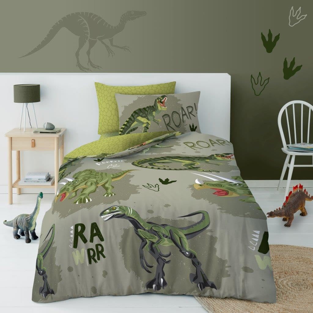 Lions Boys Green Single Duvet Cover Set - Dinosaur Bedding For Kids Girls - Reversible Animal Printed Quilt Covers With Matching Pillowcase, T-Rex Dino Pattern, 137X200cm
