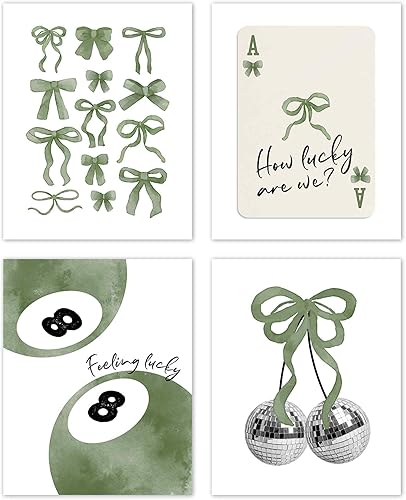 TLESKE Pósteres preppy de arco de coqueta verde salvia, sin marco, 8 x 10 pulgadas, juego de 4, decoración de pared de 8 bolas de la suerte estética