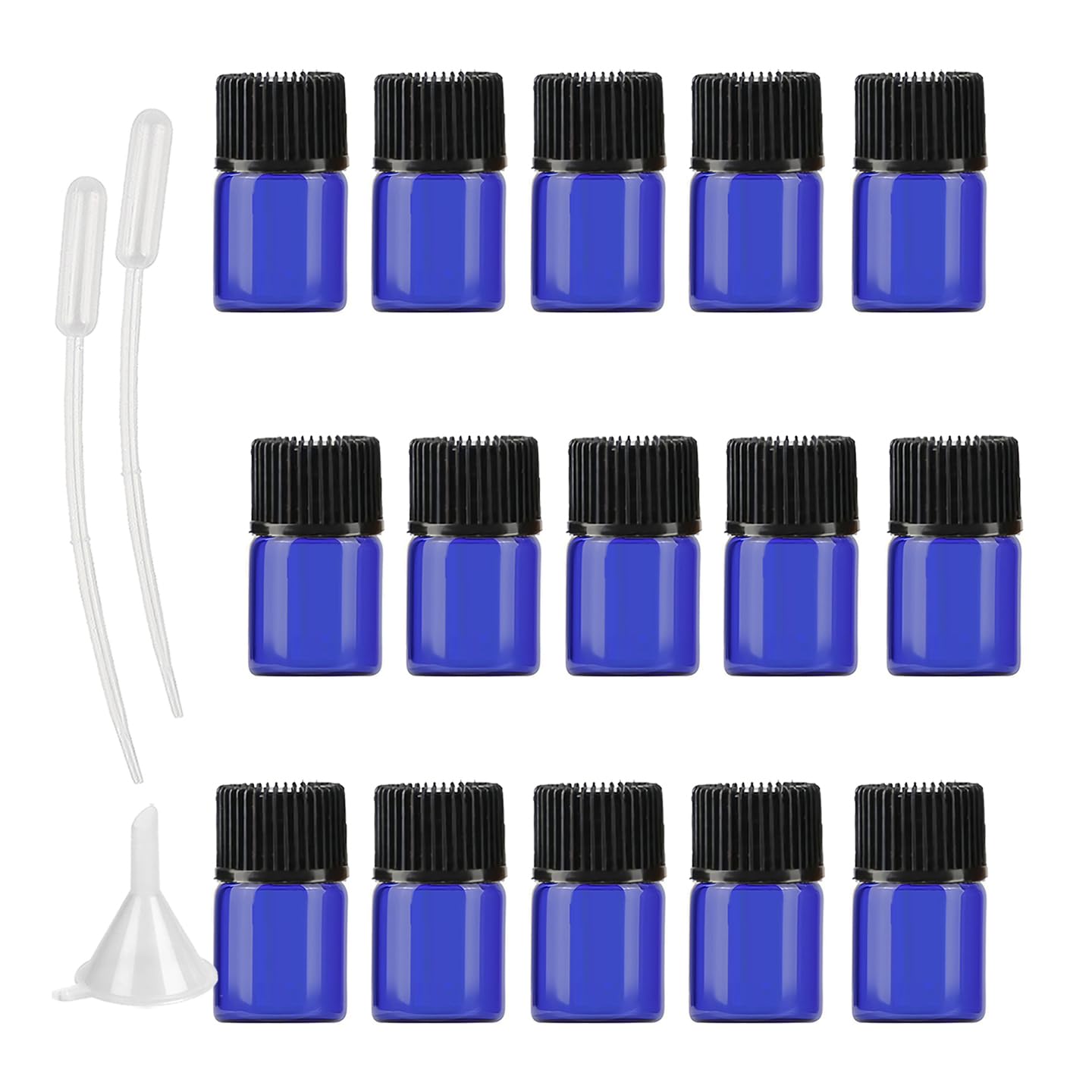 200 Piezas Azul 2ml Botellas Vacías de Aceite Esencial de Vidrio Frascos de Vidrio de Muestra con Tapón negro con Reductor de orificio para Cosmético, Aromaterapia