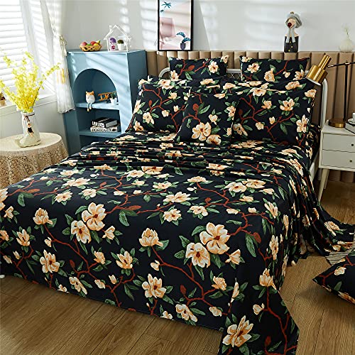 Image of FADFAY Sheets Set King Shabby Black and Yellow Floral Bedding Elegant Peony Sheets Set Vintage Farmhouse Bedding Soft 100% Egyptian Cotton 800 Thread Count Deep Pocket Fitted Sheet, 4Pcs-King Size
