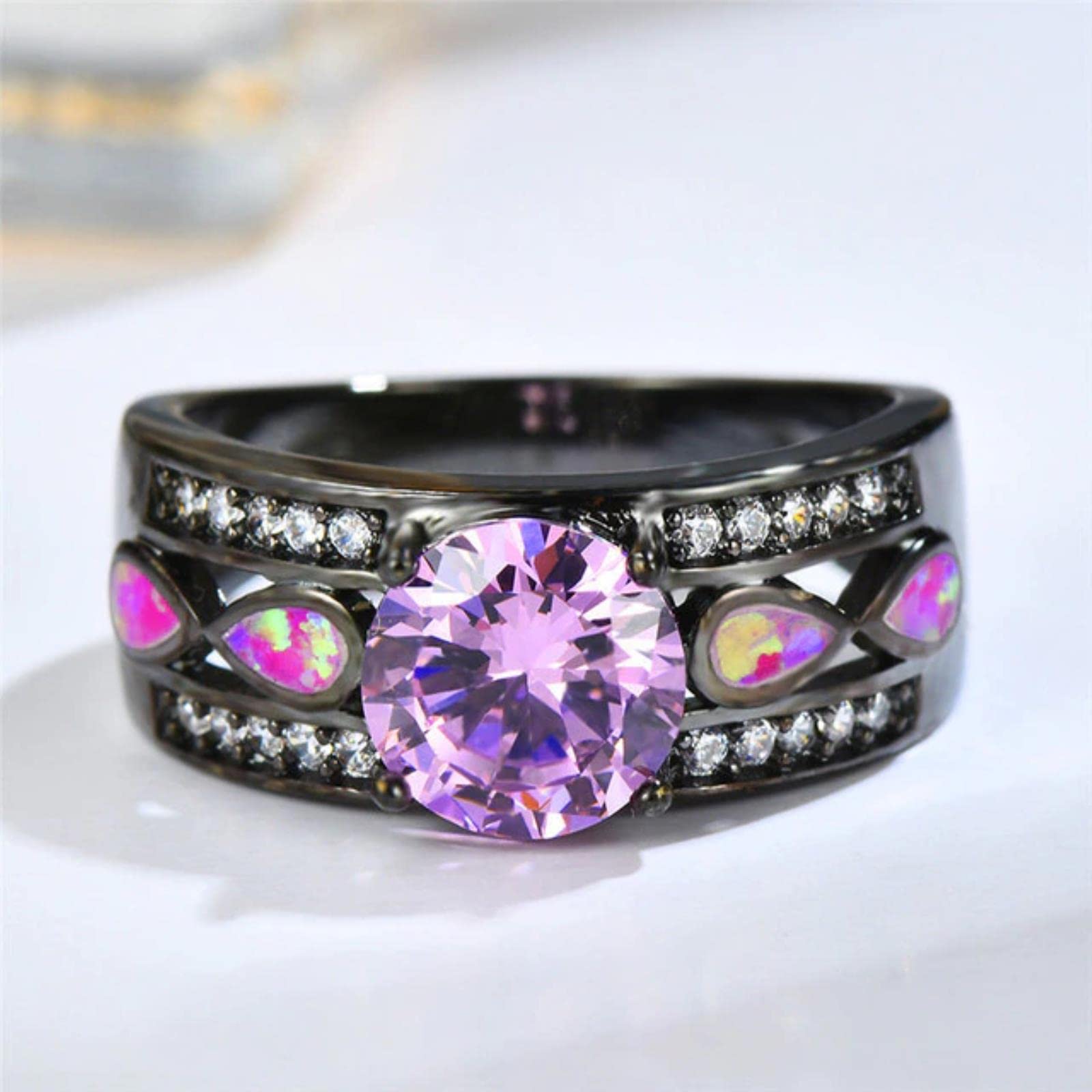 Bioliving Women's Pink Boho Big Purple Rainbow Stone Ring Vintage Black Gold Wedding Rings Promise White Blue Opal Engagement Rings For