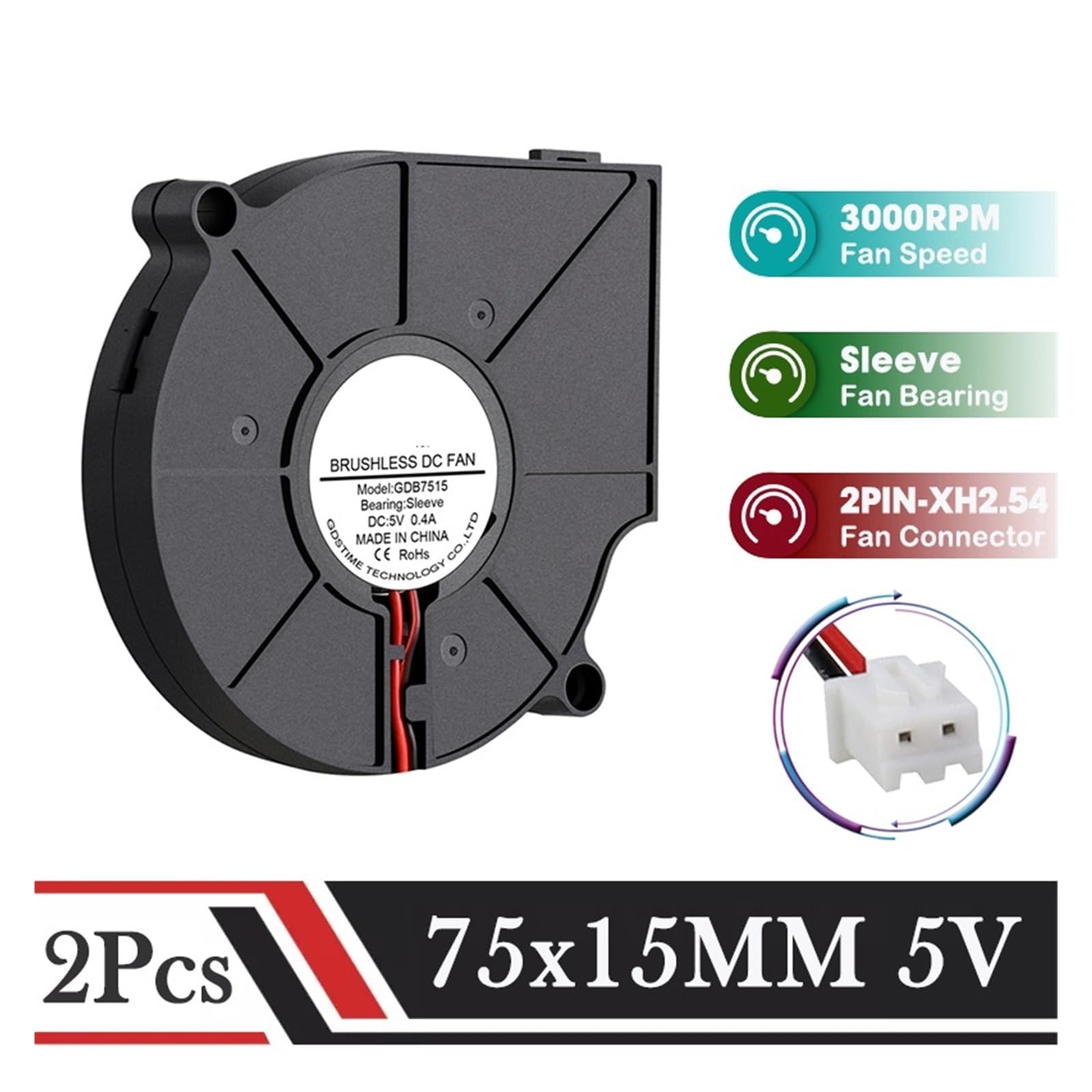 Lot de 2 Ventilateurs centrifuges 70 mm DC 5 V 75 x 15 mm, radiateur Radial sans balais 7515