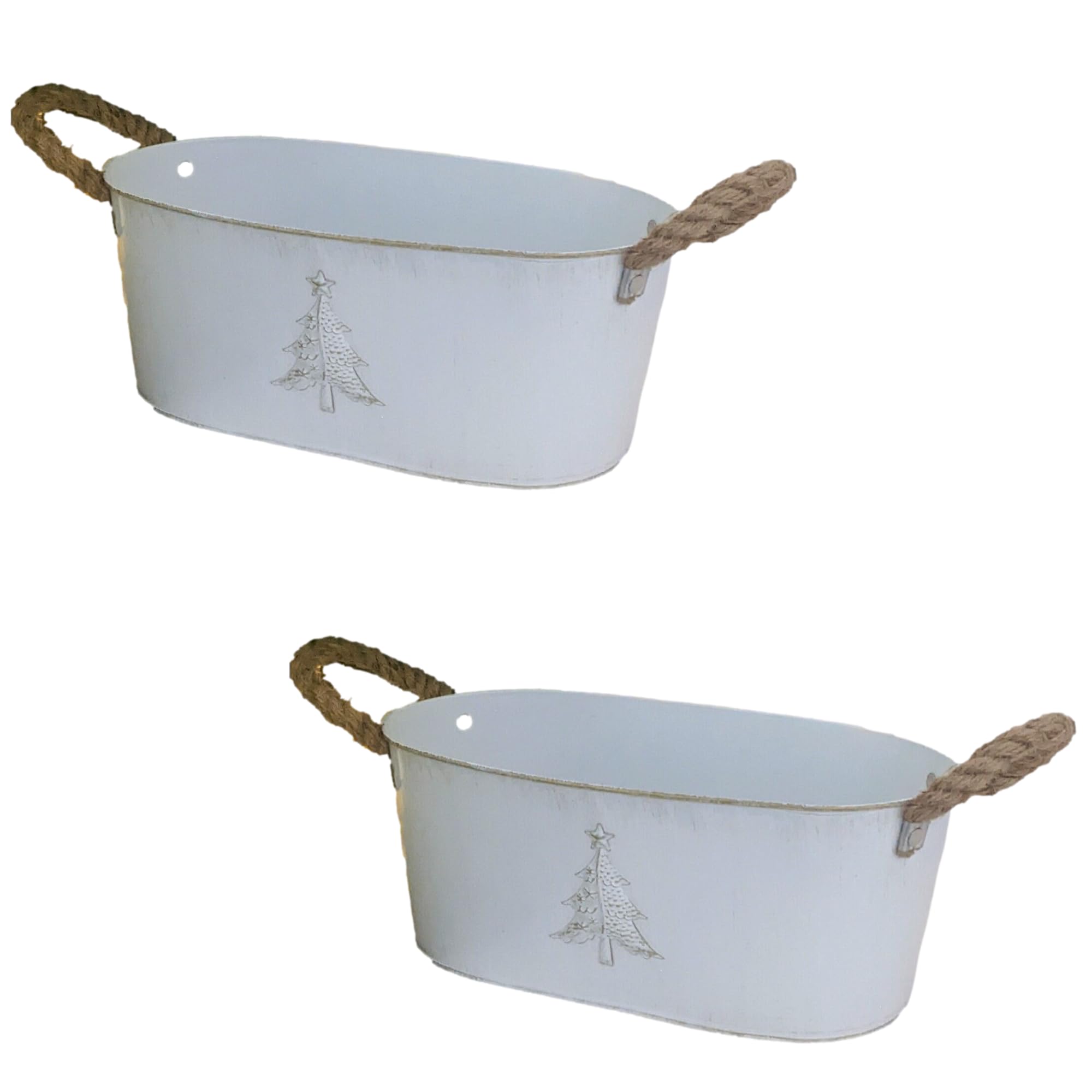 Fyne-Finds White Pack Of 2 Metal Tin Pail Trough Embossed Tree 30Cm,12Inch Plant Pot Gold Christmas Xmas Decor