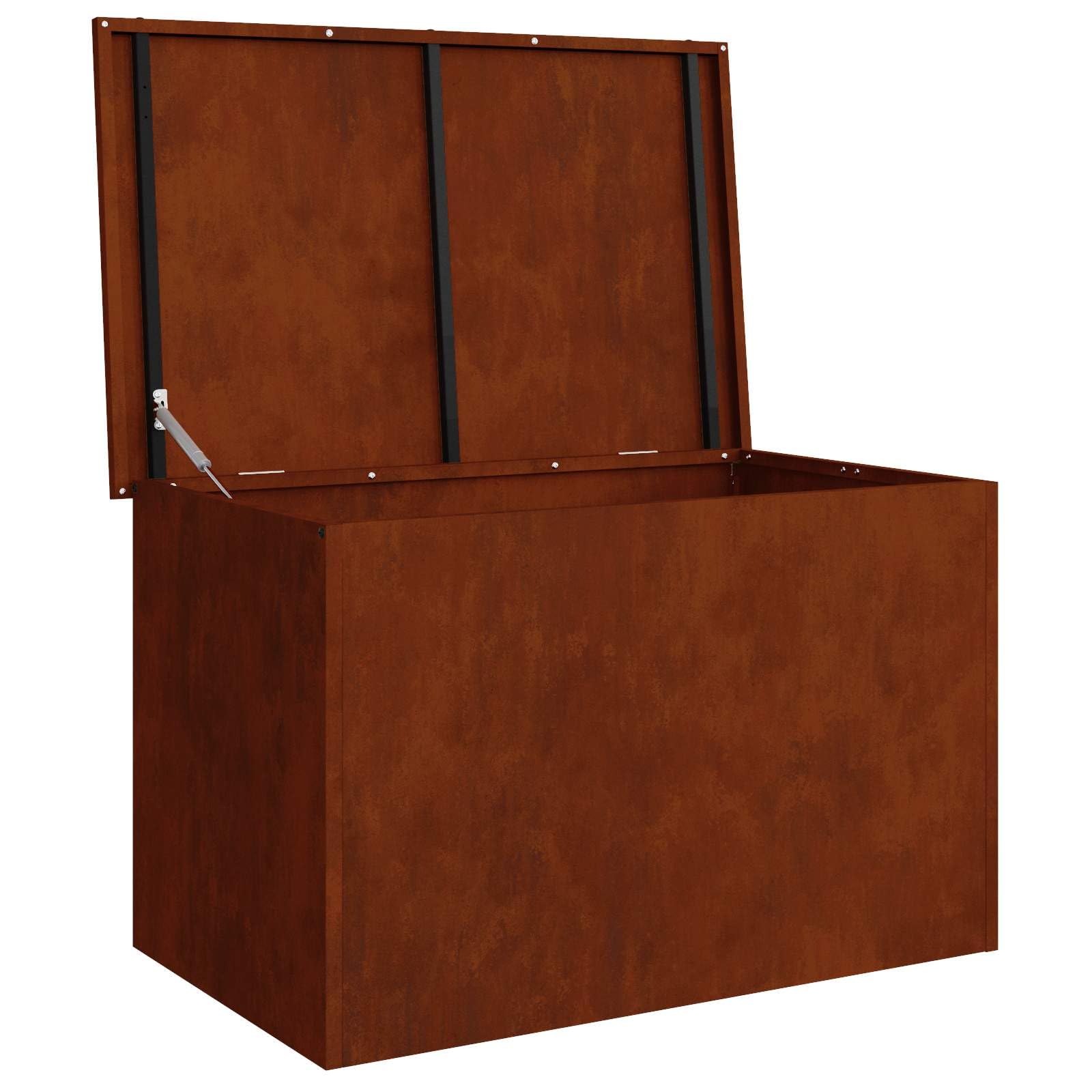 Contenitore per esterni in acciaio arrugginito, 80 x 50,5 x 50 cm, con coperchio sollevatore a gas, resistente alle intemperie, per giardino, terrazza, esterno, salvaspazio e durevole