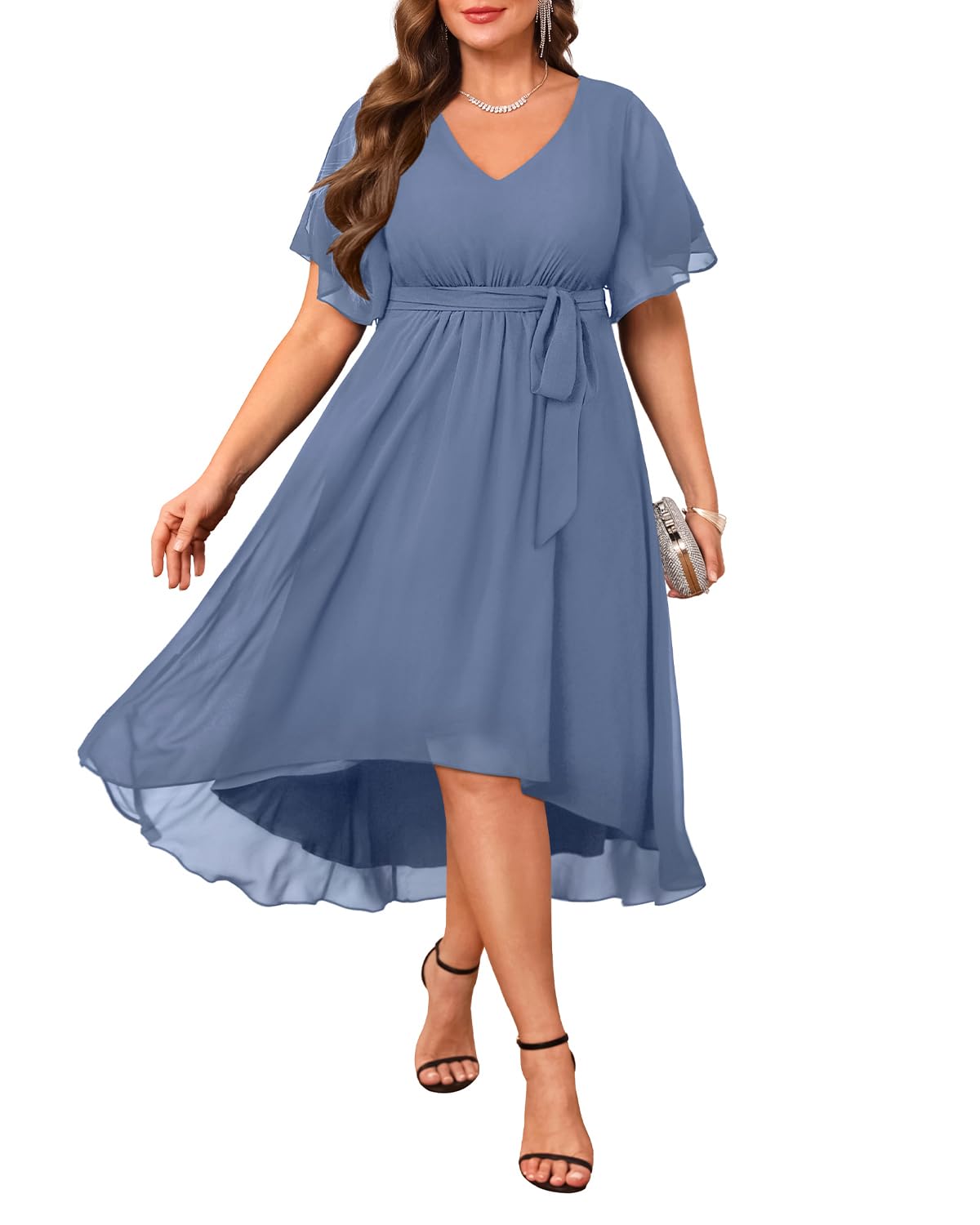 Talisea Kleid in Übergröße, für Hochzeitsgäste – formelles Cocktailkleid, Chiffon, V-Ausschnitt, kurze Ärmel, hoch niedrig, kurvige Damenkleider