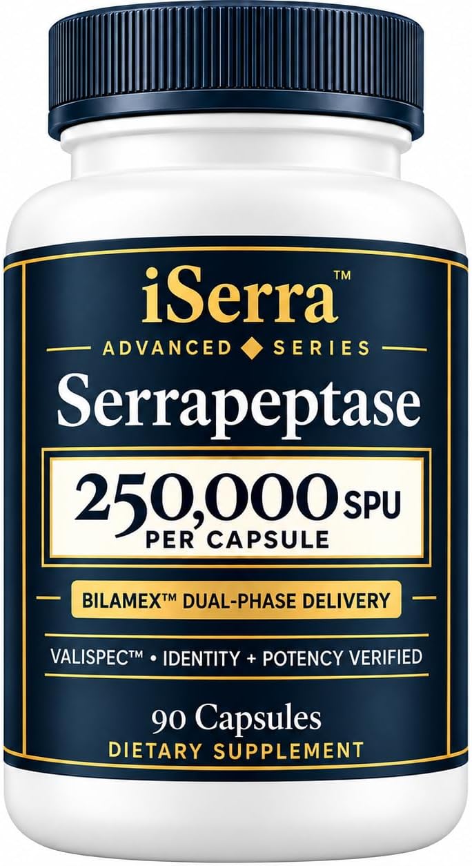 iSerra Advanced Series Serrapeptase 250,000 SPU Per Capsule | Bilamex Dual-Phase Delayed Release | Independent Lab Tested | Identity & Potency Verified | 90 Capsules | Serratiopeptidase Enzyme