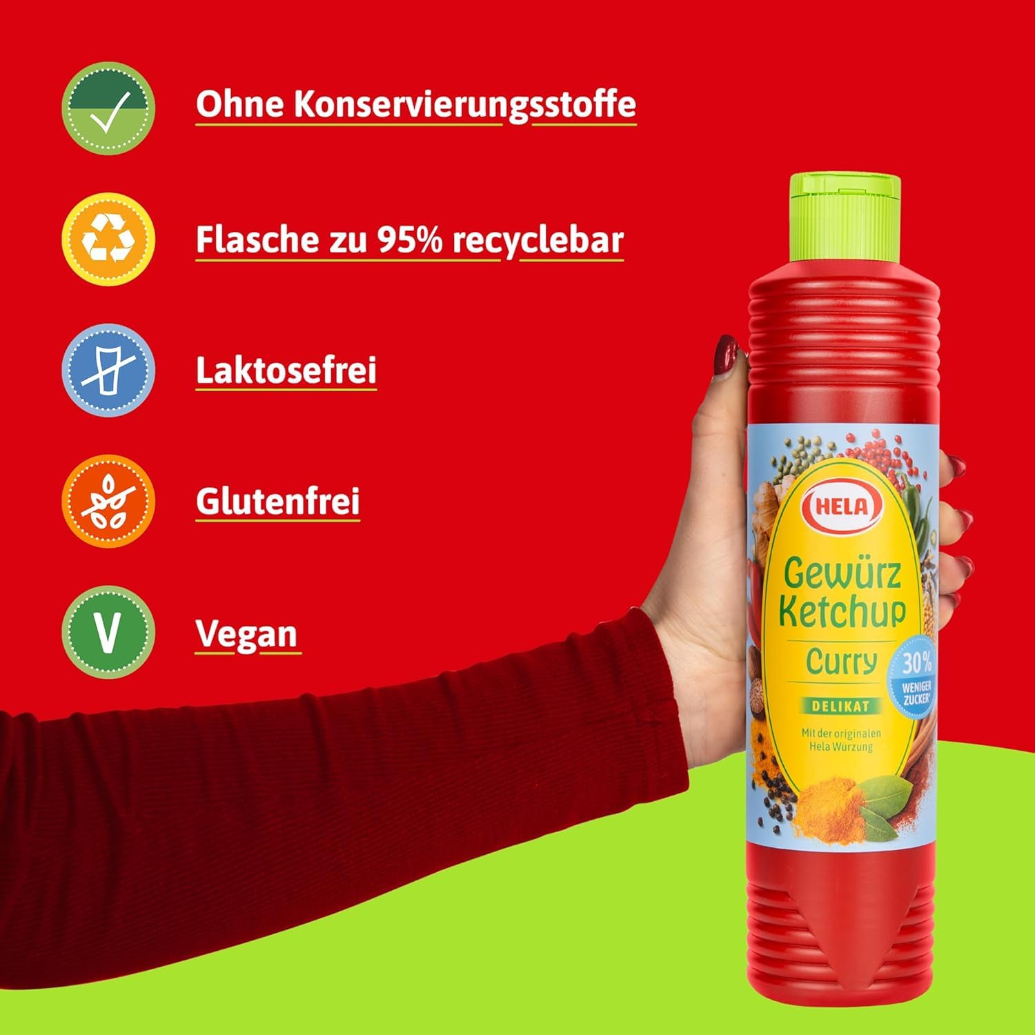 Hela Gewürz Ketchup Curry delikat 6er Pack (6 x 800 ml) 30% weniger Zucker & ohne Süßungsmittel – Die originale Curry Würzsauce für Grillen, Pommes & Dips – Würziger Ketchup Vorratspack