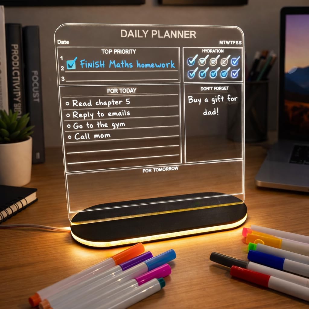 Zesta 3D Rewritable LED Acrylic Message Board | USB Powered Desk Noteboard with 12 Glowing Markers | Cute Stationery Items and Light Up Gadgets (Daily Planner, Small (15X15 Cms))