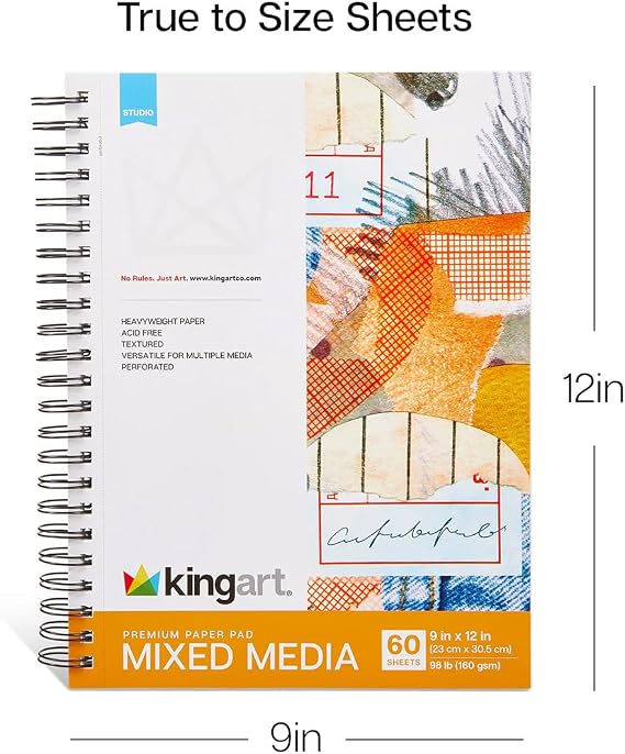KINGART Mixed Media Paper Pad 9x12 Inch, 1-Pack 60 Sheets (98 lb / 160 GSM), Heavyweight Textured Acid-Free Paper Spiral-Bound Sketchbook