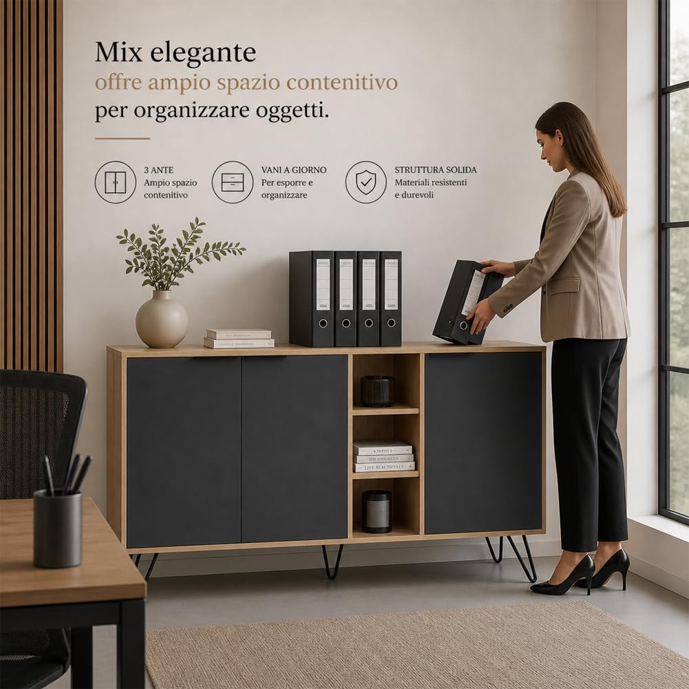 Shally Dogan Madia Moderna 3 Ante e Vani, Credenza Design Moderno, Struttura Resistente Salvaspazio, Ideale per Ingresso, Casa, Ufficio, Camera da Letto, Soggiorno, 143 x 83 cm (Rovere e Antracite)
