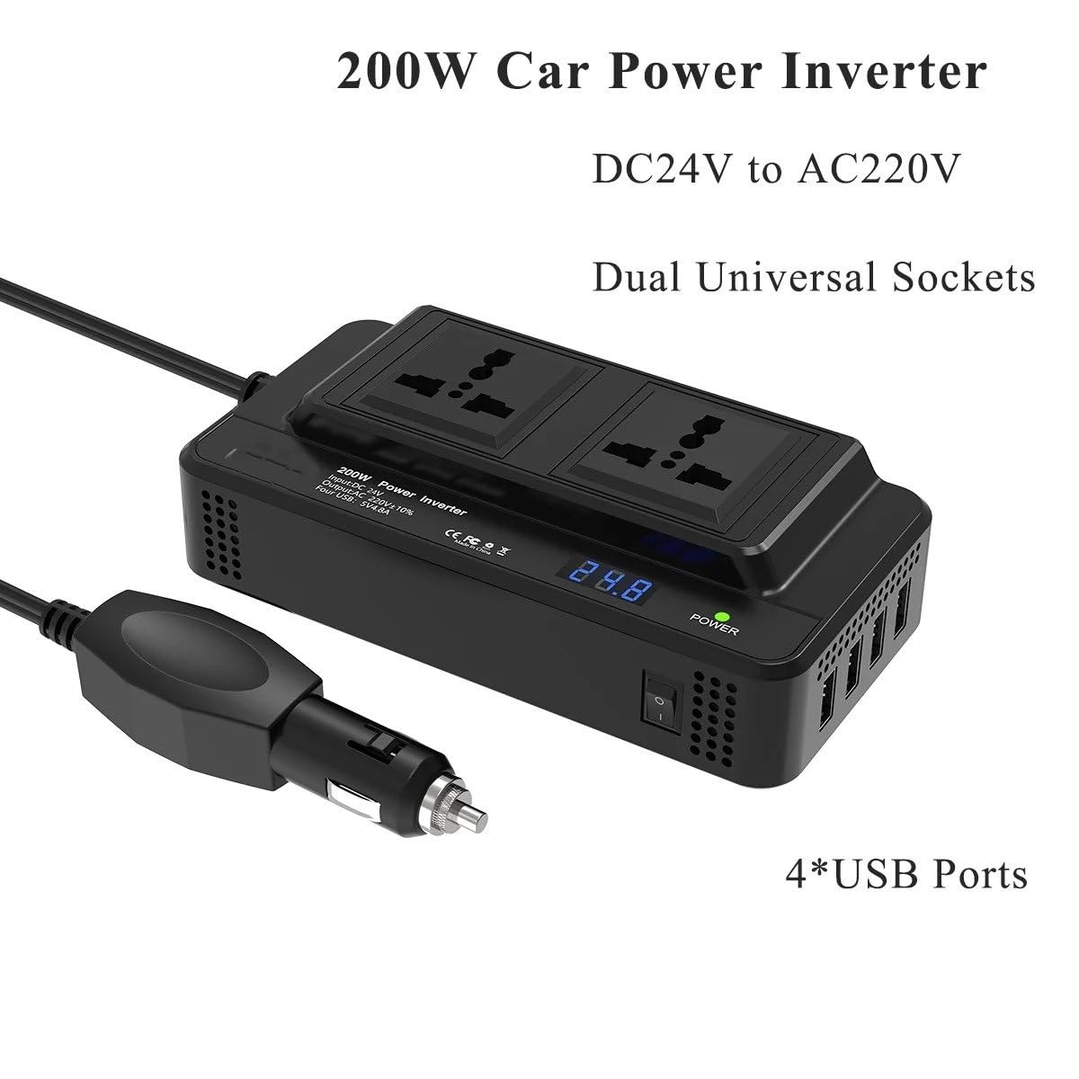 Convertidor Corriente Inversor De Corriente para Coche 200 W con Dos Enchufes Universales Y USB QC3.0. Conversor CC 24 V A CA 220 Convertidor