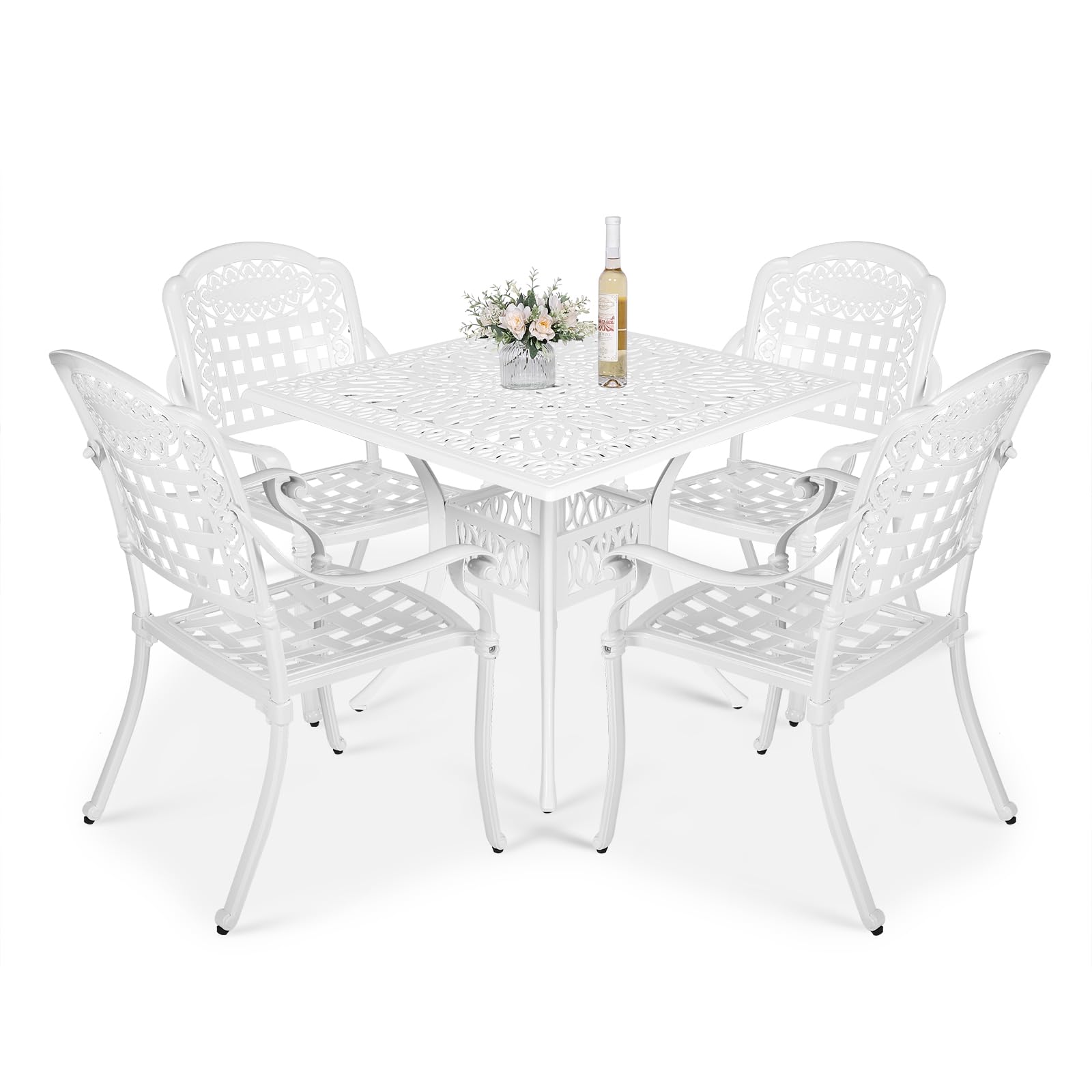 VIVIJASON 5-Piece Outdoor Patio Dining Set, All-Weather Cast Aluminum Conversation Set, Patio Furniture Set, Include 4 Chairs, a 35.4" Square Table w/Umbrella Hole, White
