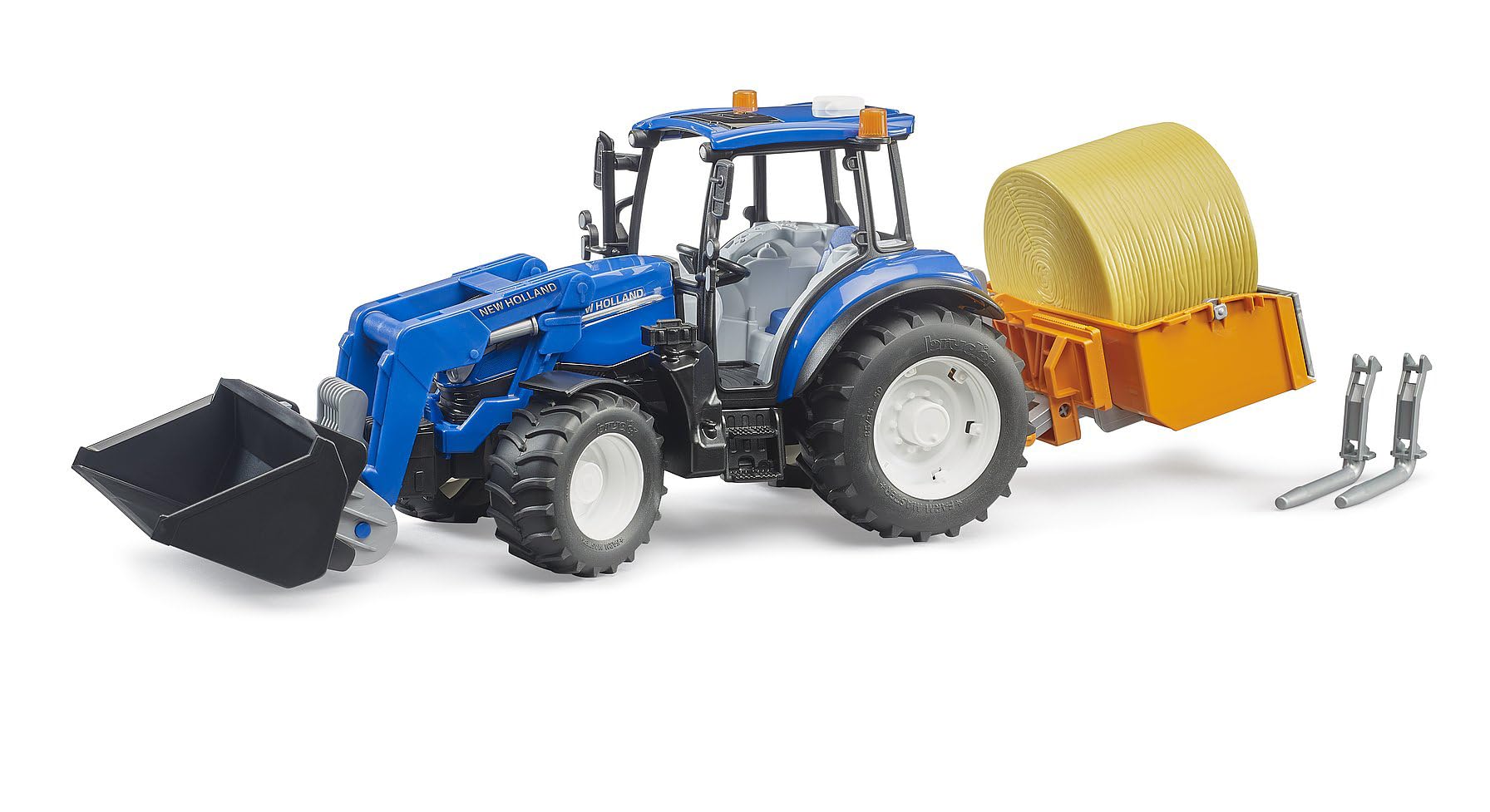 bruder 02187 - New Holland T5.120 avec chargeur frontal, caisse de chargement, fourches et balles rondes - 1:​16 Tracteur, Véhicules, Ferme, Bulldog