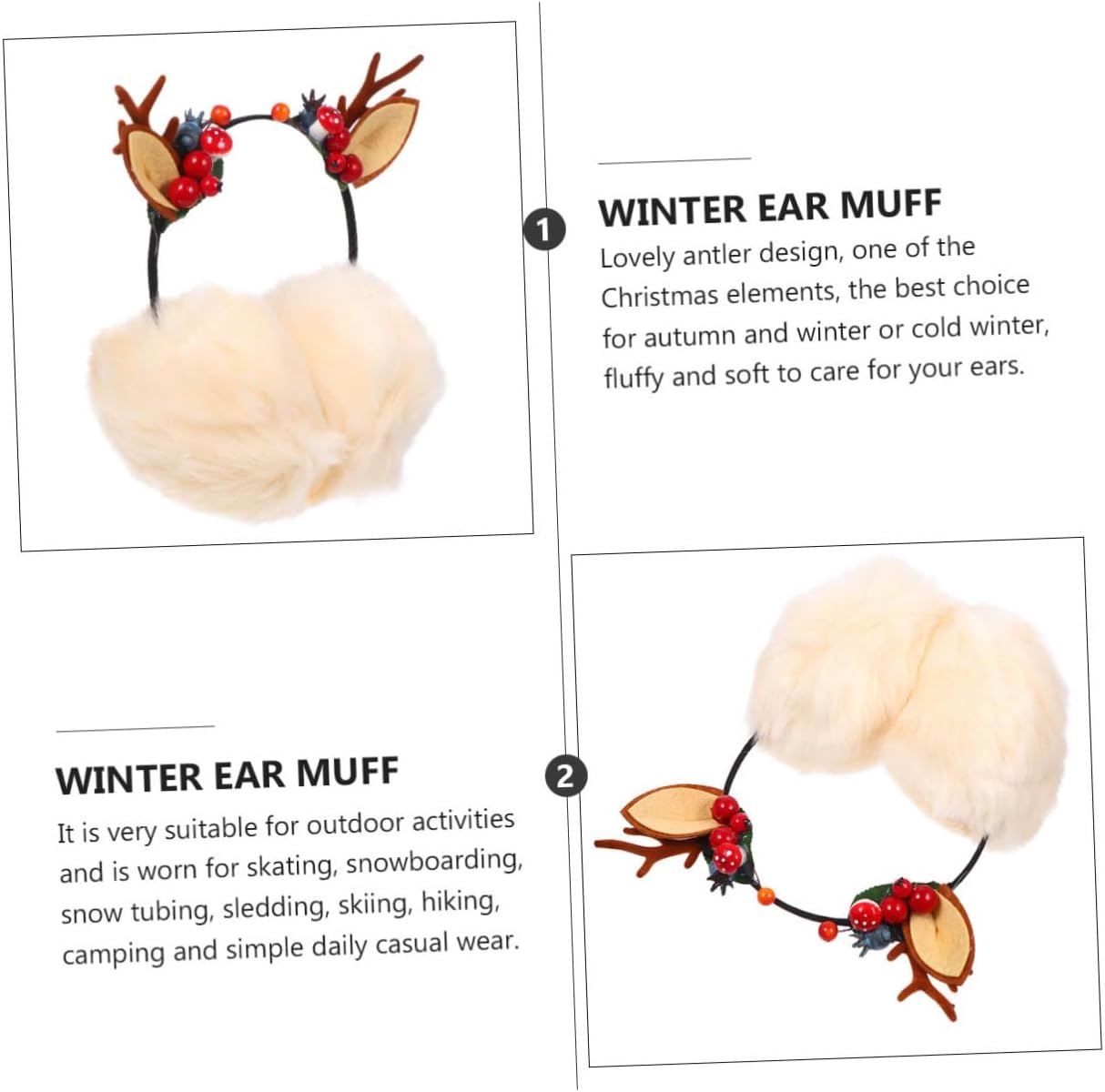 Cute Christmas Earmuffs for Women Winter Warm Headband with Reindeer Antlers and Cat Ear Design Soft Fleece Ear Muffs