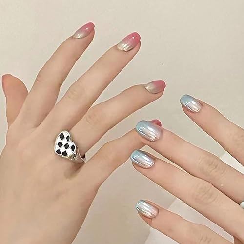 Uñas postizas cortas y brillantes a presión, uñas postizas acrílicas artificiales, 24 piezas de cobertura completa, reutilizables, con forma de Uñas postizas cortas y brillantes a presión, uñas postizas acrílicas artificiales, 24 piezas de cobertura completa, reutilizables, con forma de