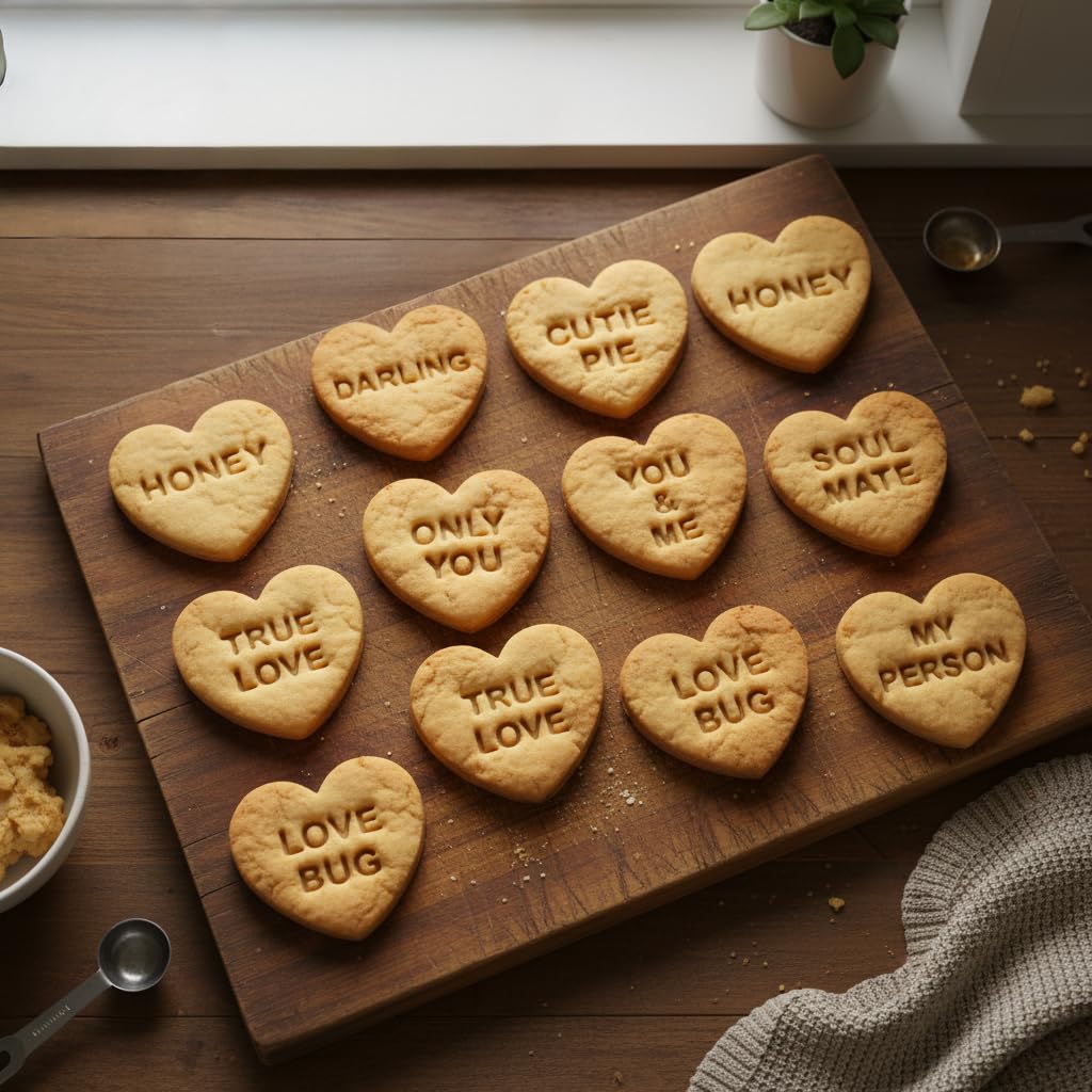 BAKERLOGY Lot de 10 emporte-pièces Cœur avec messages romantiques – Jolis cœurs d’amour pour la Saint-Valentin, mariages, fiançailles, anniversaires & biscuits à thème amour