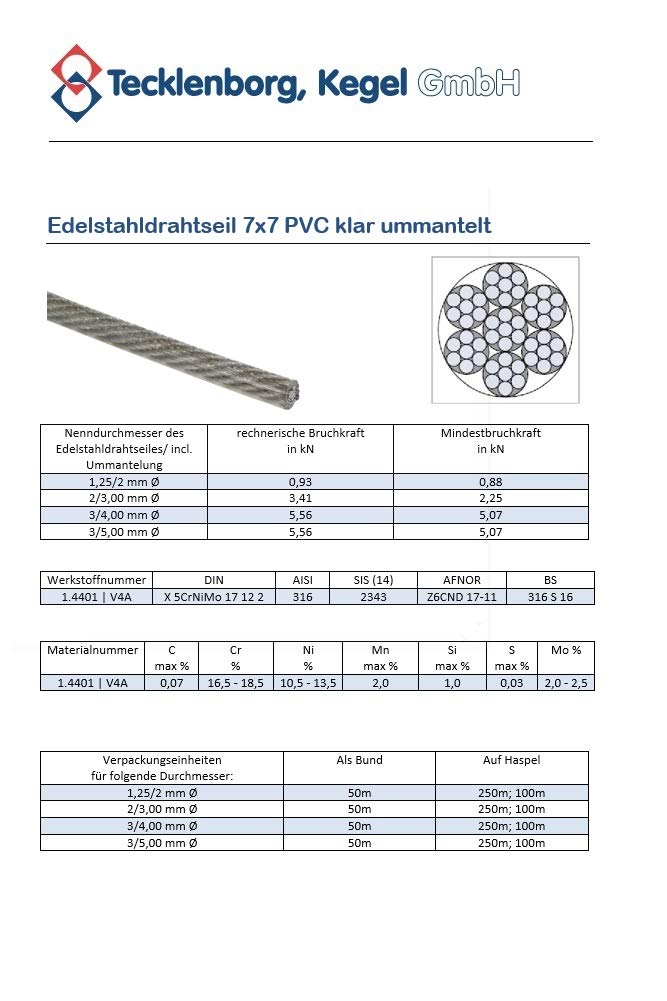 Edelstahlseil 7x7, 2mm Ø mit PVC (klar) auf 3mm ummantelt, 250m Nutzlänge