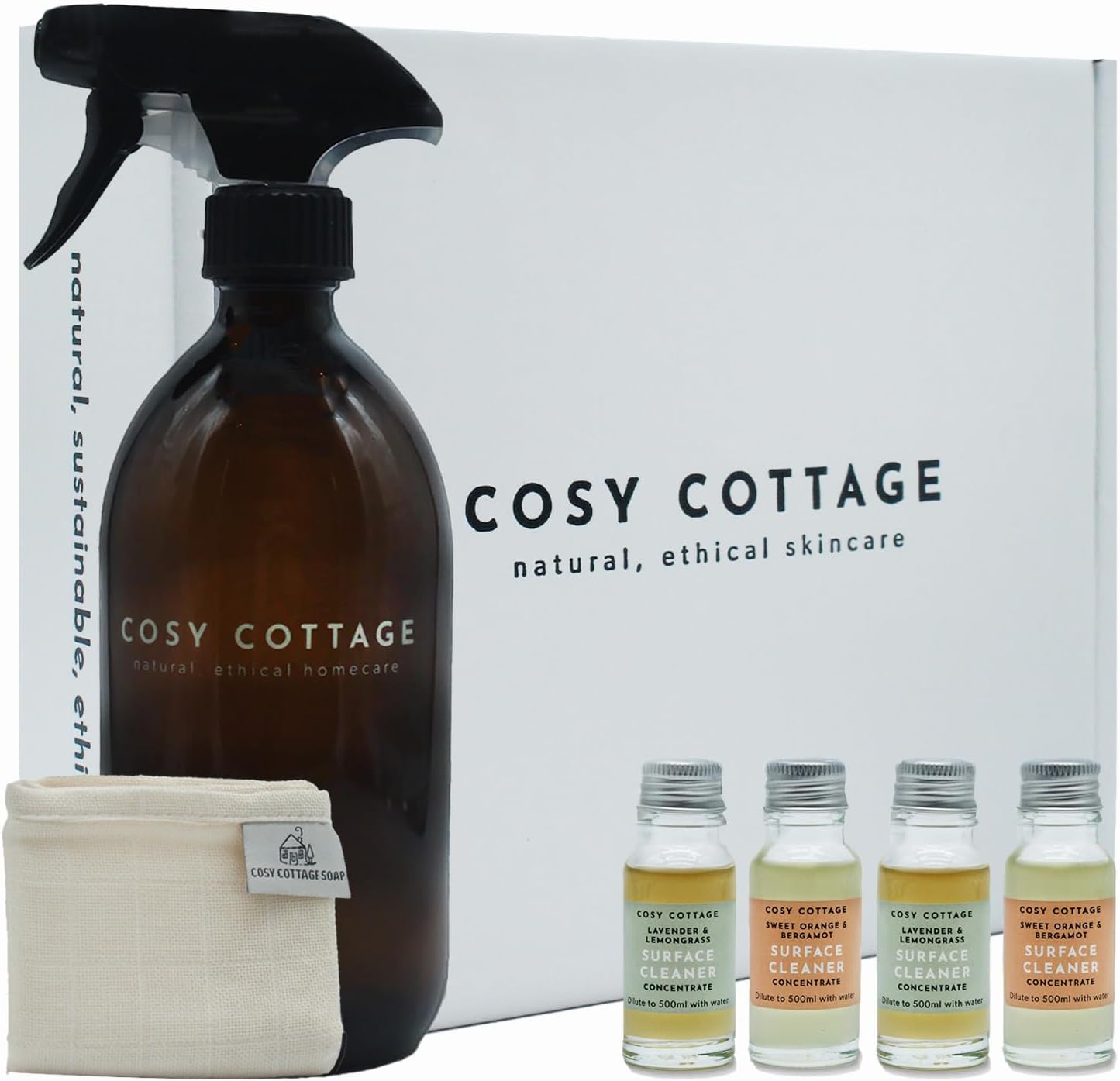 Cosy Cottage Biodegradable Cleaning Spray Complete Starter Kit | 4 x 15ml Makes up to 2L | Plant Based Cleaner Spray | Lavender, Lemongrass, Sweet Orange & Bergamot | Cleaning Products Gift Bundle