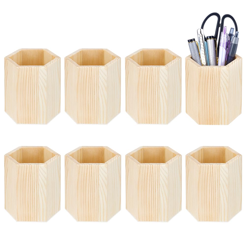 BENECREAT 8pcs Wooden Pencil Holder, Hexagon Shaped Wooden Pen Holder Desktop Organizer Storage for Desk Multi Purpose Use Home School Office Supplies, 9.1x10cm