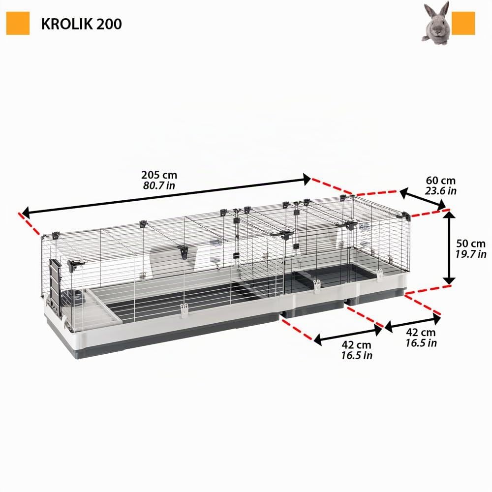 FERPLAST - Gabbia per porcellini d'India - Gabbia per conigli - Gabbia e accessori inclusi - Apribile e componibile 205 x 60 x h 50 CM - Krolik, 200