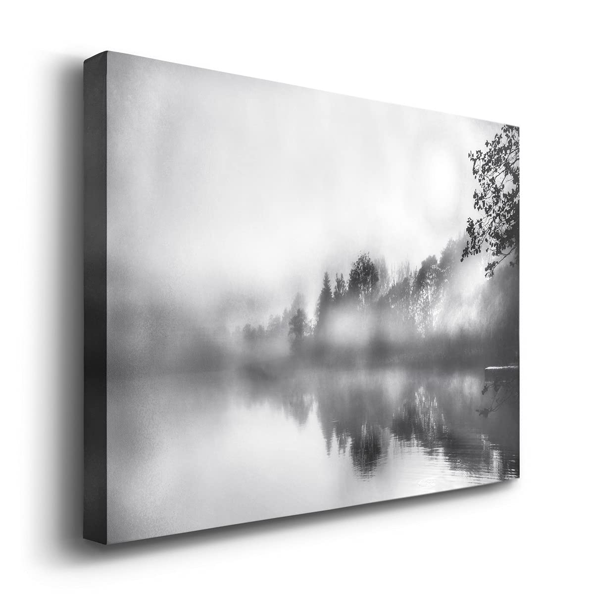 Renditions Gallery Black White Mist Mountain Lake Landscape Canvas Wall Art for Home Décor,Soft Wonders,Ready to Hang, 18''x 12'', Made in America