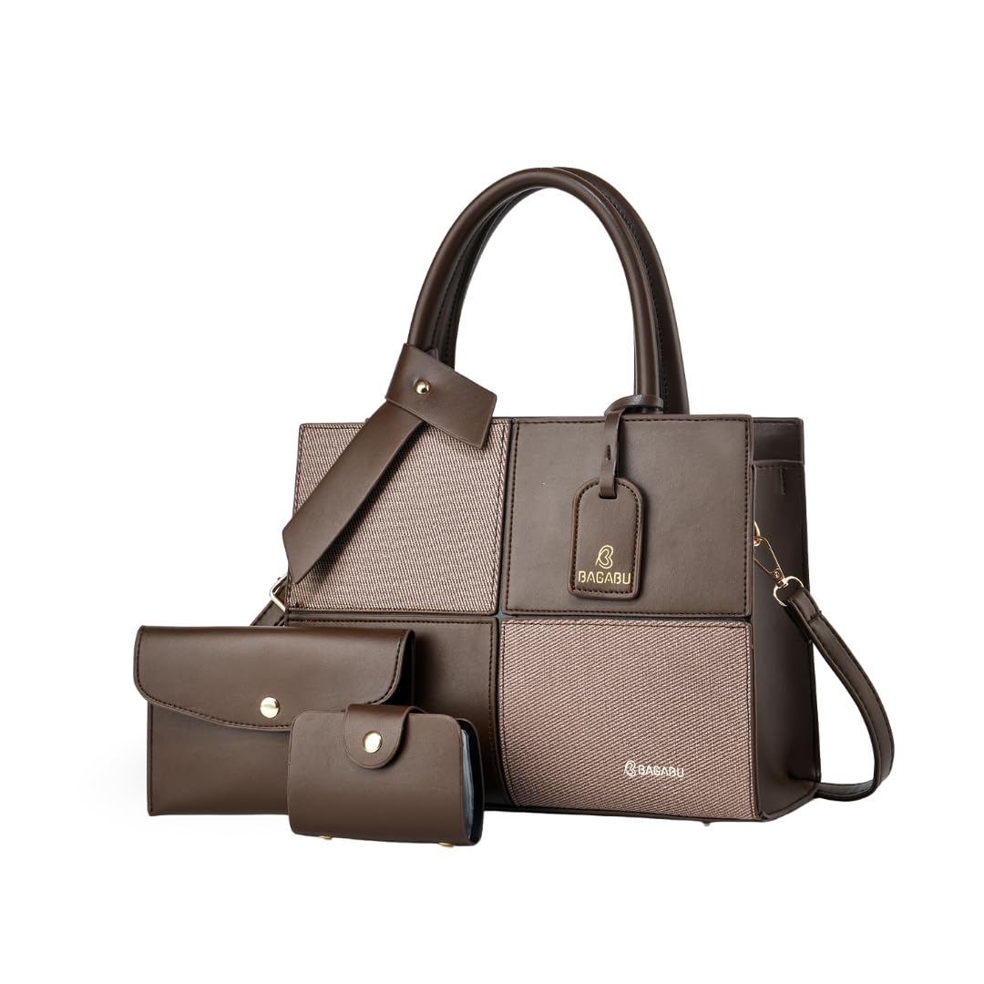 BAGABU Luxury Vegan Leather Handbag for Women, 3 Pcs Tote Handbag with Wallet Combo, Rectangular, Medium Size, Detachable ...