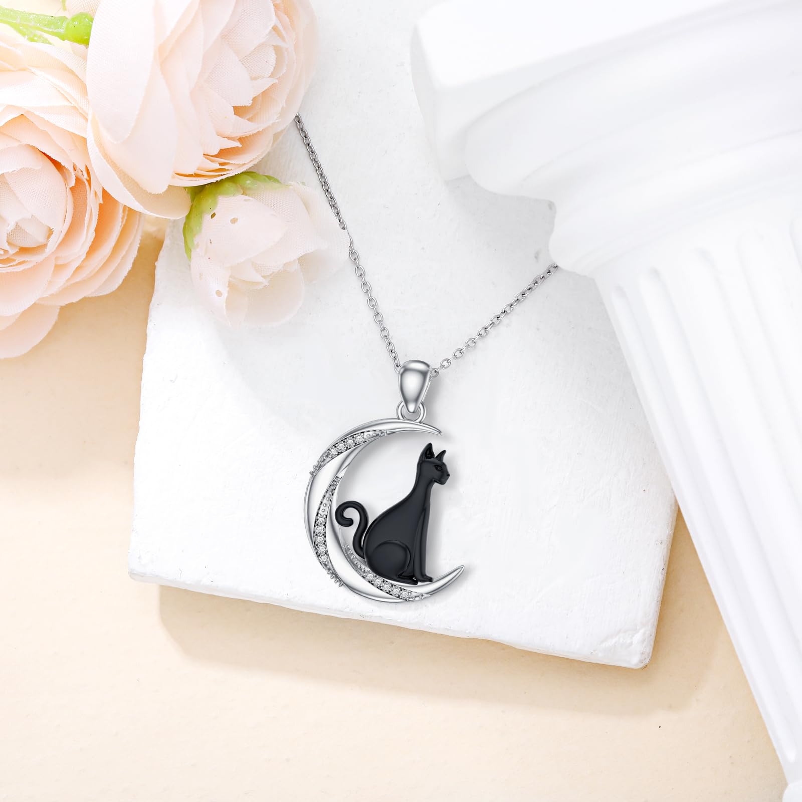 Sonouli Diamond Black Cat Moon Necklace Sterling Silver Black Cat Pendant Necklace Gift for Women