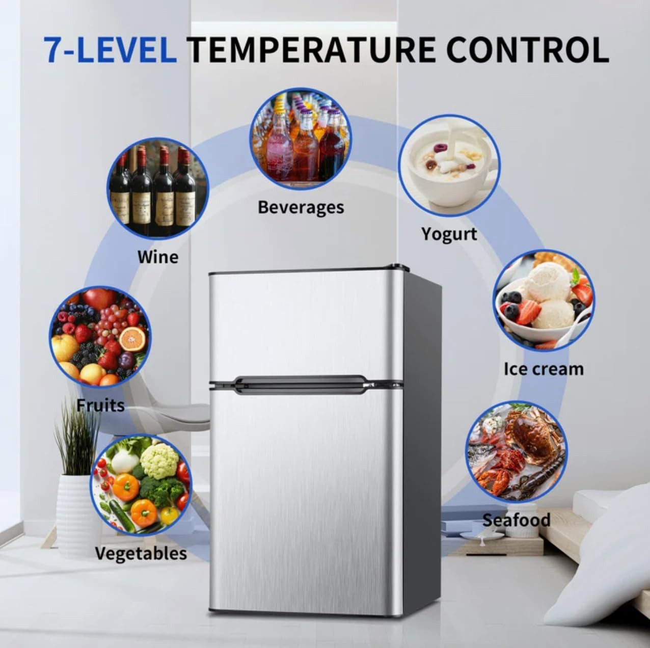 3.2 Cu.Ft Mini Dorm Fridge with Freezer Small Single Door Refrigerator Low Noise Mechanical Thermostat One-Touch Defrosting System Energy Saving Compact Fridge with Freezer for Home Office Bedroom,Silver