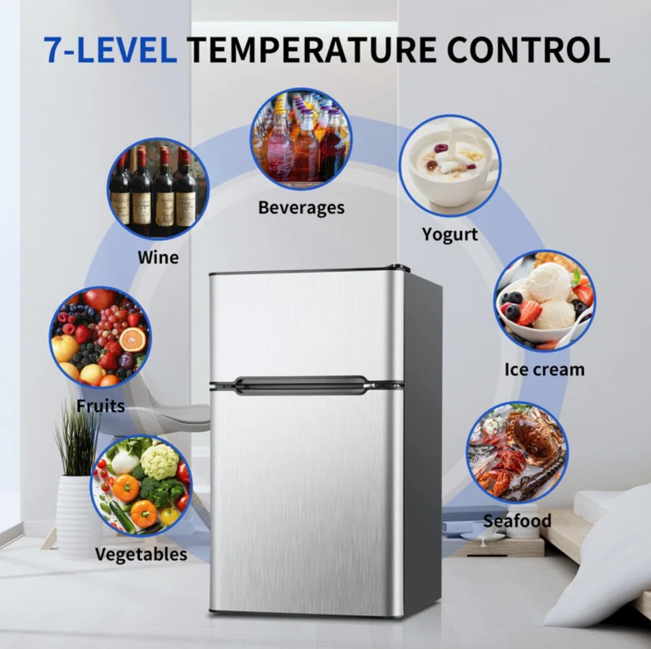 3.2 Cu.Ft Mini Dorm Fridge with Freezer Small Single Door Refrigerator Low Noise Mechanical Thermostat One-Touch Defrosting System Energy Saving Compact Fridge with Freezer for Home Office Bedroom,Silver
