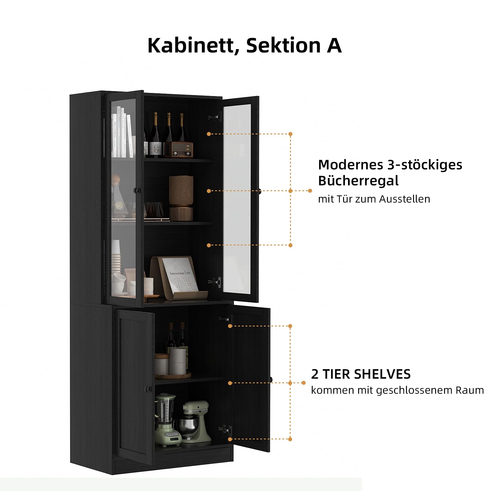 VOWNER 5-stöckiges Bücherregal mit Glastüren, 180 cm Vitrinenschrank, Küchenschränke, Küchenschrank Hochschrank, Buffetschrank für Küche, Wohnzimmer, Esszimmer, 4PCS (Schwarz)