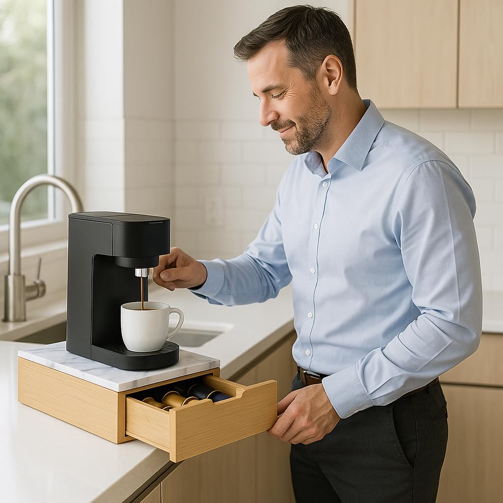 Porta Capsule Caffè in Legno con Piano Effetto Marmo Bianco e Cassetto Organizer – 30x30x10 cm