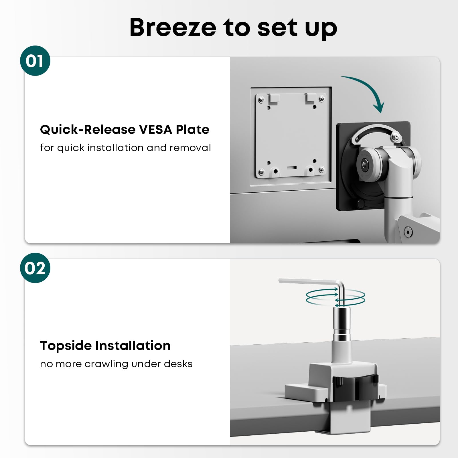 Braccio Monitor Doppio Verticale per 24-57-pollici - Regolazione Dell'altezza con Inclinazione e Girevole Supporto Doppio Monitor, Capacità di Carico da 2-27 kg, VESA 75/100/200 mm, Bianco