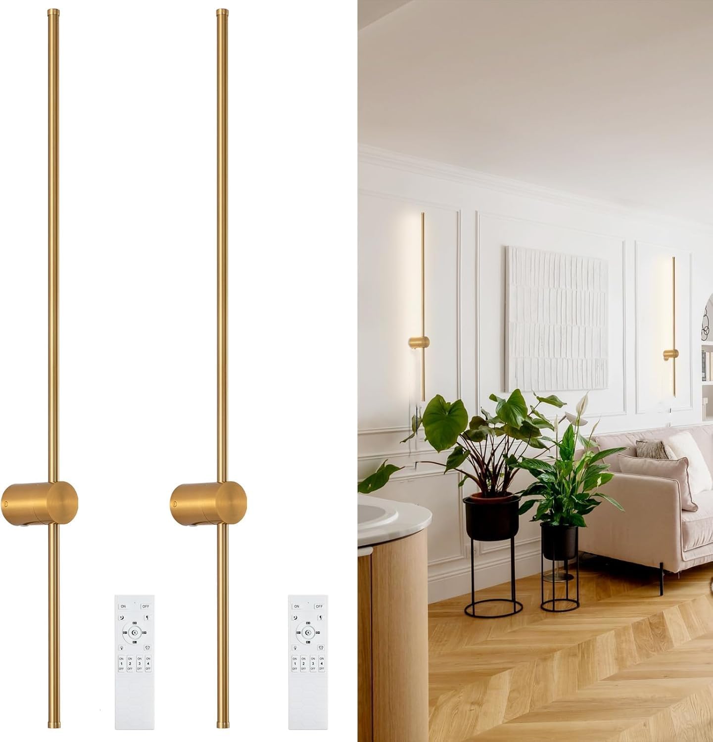 BLUEYE Battery Operated Wall Sconce,Remote Control,Soft Warm 2700K-6000K,Aluminum,Rechargeable,50W Equivalent Lamp,No Flicker,600Lumens,Dimmable,Gold,Set of Two for Non-Hardwired,39-Inch, 2Packs 39-inch Gold