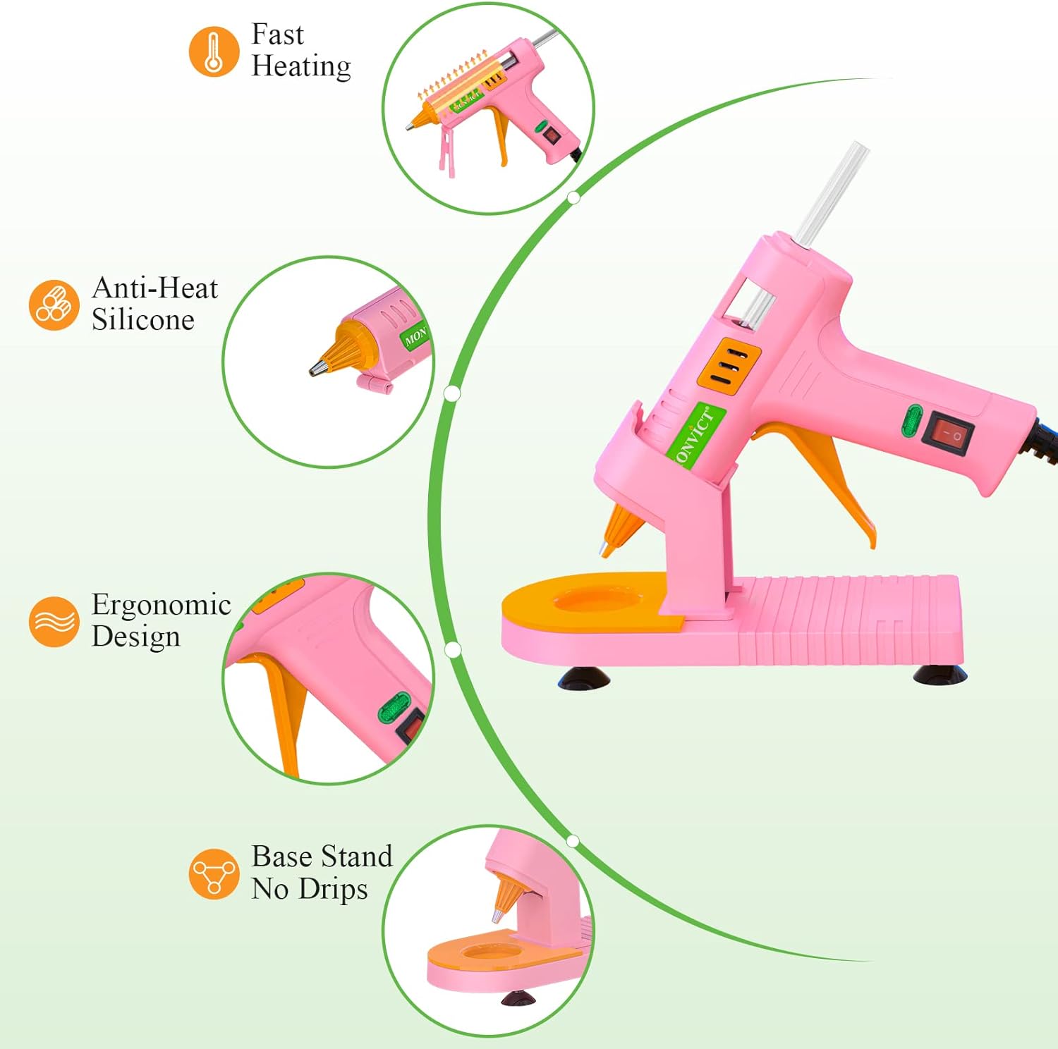MONVICT Pink Hot Glue Gun Kit, Mini Glue Gun with Suction Cups Stand Anti Stick Silicone Mat, Hot Melt Glue Gun with Fine Tip & 30 Glue Sticks, On/Off Switch Design for DIY, Craft, Home School Project