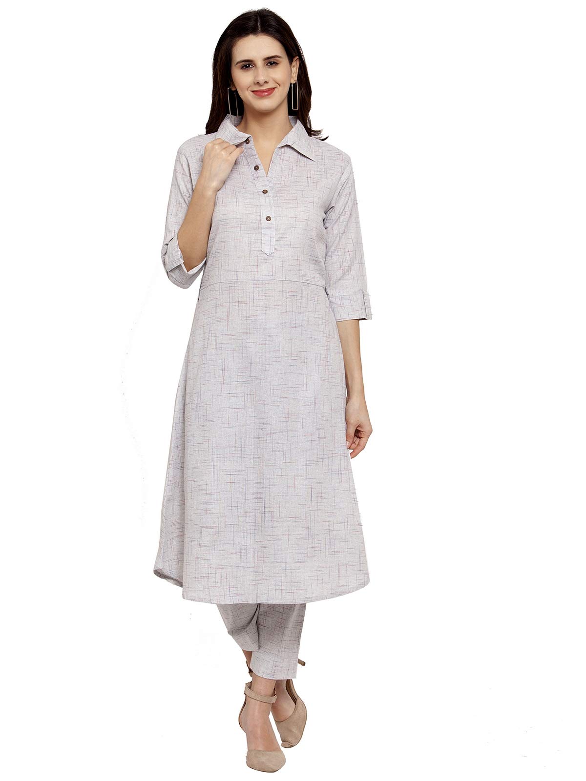 Grey Shirt Collar A-Line Cotton Kurti with Culotte-image-40