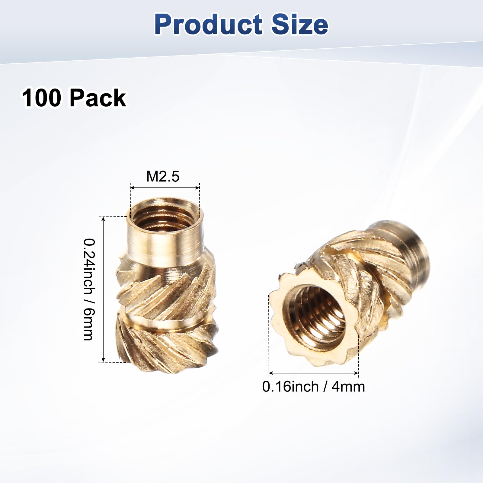 M METERXITY 100-Pack Threaded Inserts, M2.5 x 6mm L x 4mm OD Brass Heat Set Insert Nuts - Image 3