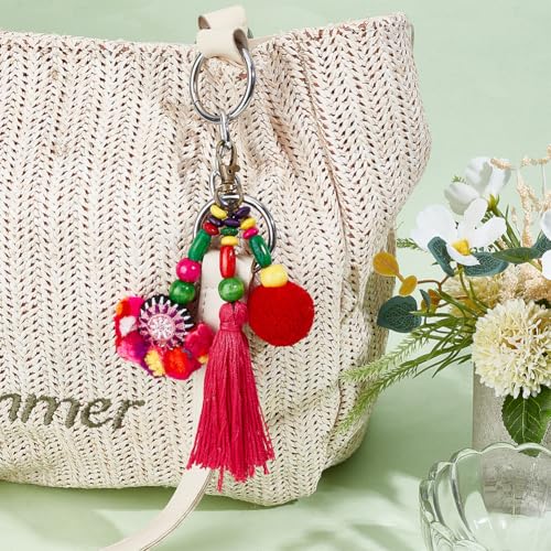 Beebeecraft Boho Keychain Red Tassel Bag Charm Pompom Wood Bead with Swivel Clasp Pendant Decoration Hanging Ornament for Women Gift - Image 4