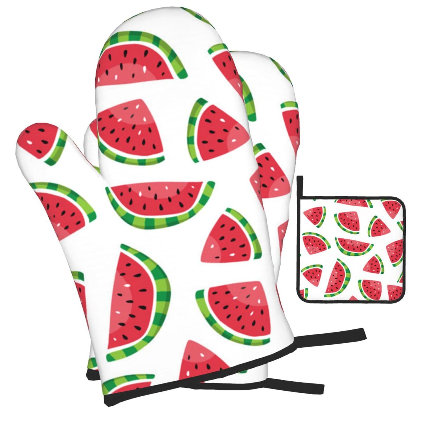 Watermelon Slice Printed Oven Mitts and Pot Holders Heat Resistant Set of 3 Pcs, Modern Kitchen Gloves & Potholders for Cooking Baking Grilling
