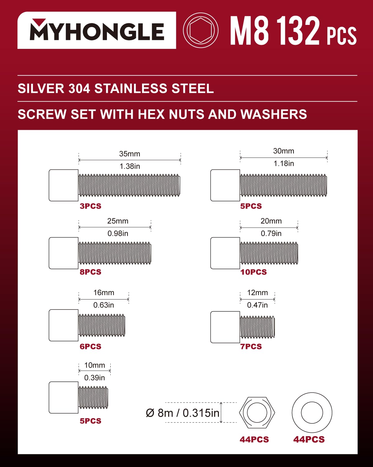 132 Pcs M8 Nuts and Bolts Set, Hex Socket Head Cap Screws Bolts and Nuts Set, Assorted Bolt and Nut Set including Washers - Image 2