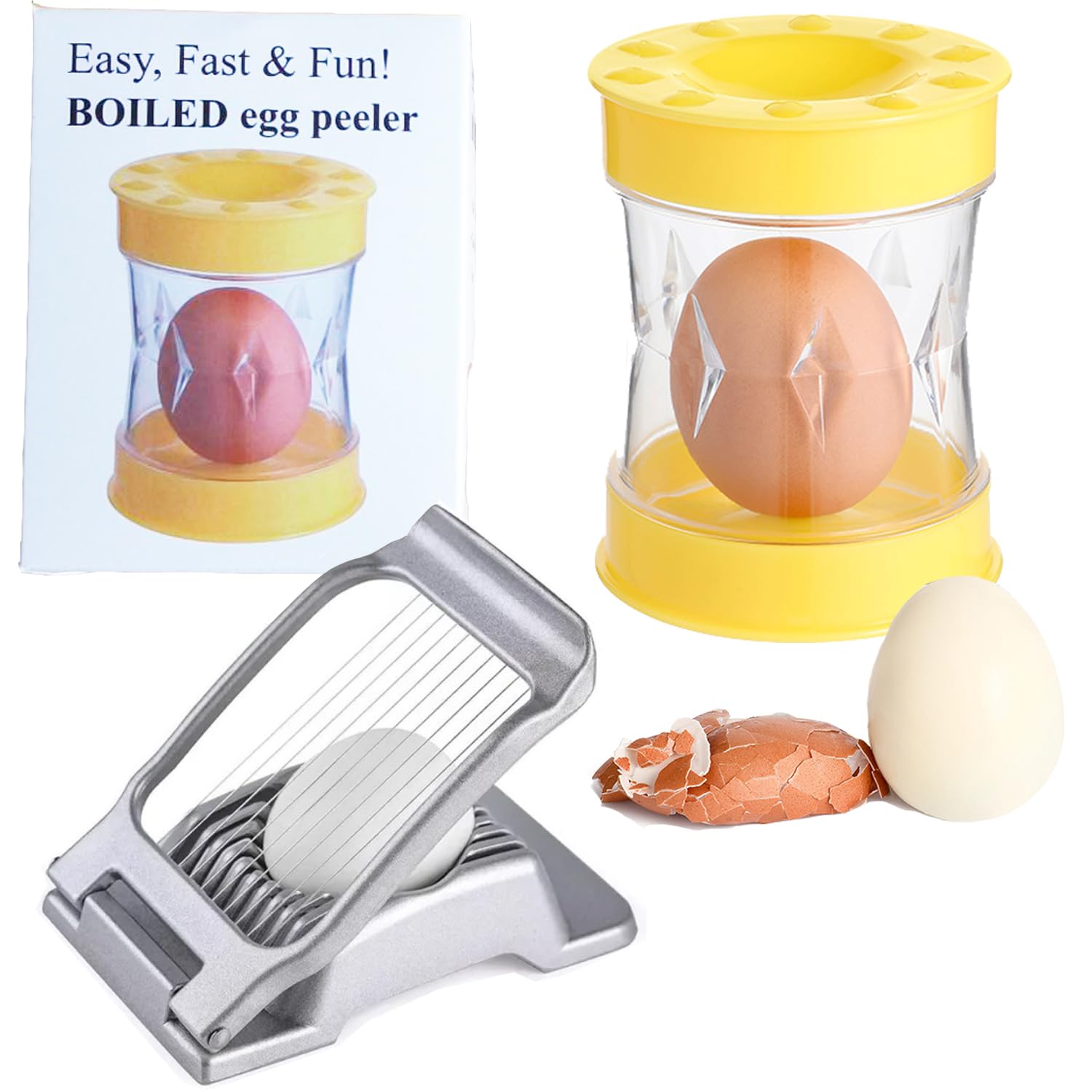 Set of 2 Hard Boiled Egg Peeler + Egg Slicer for Hard Boiled Eggs, Heavy Duty Metal Stainless Steel Egg Cutter for Egg Strawberry Mushroom Soft Fruit Kitchen Tool (Peeler+Slicer (Yellow & Sliver)))