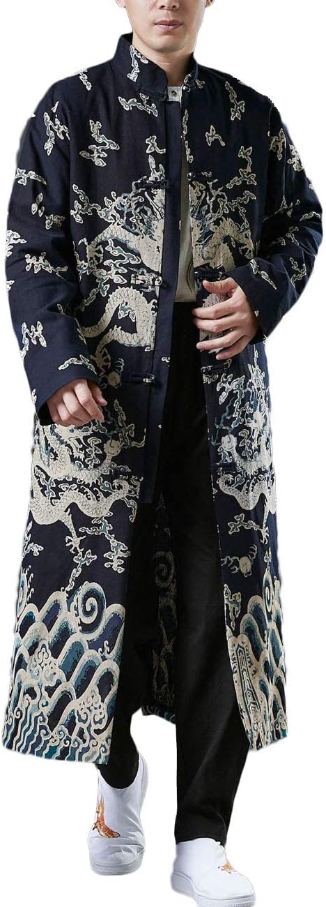 Ystylee Men's Trench Coat Long Kimono Jacket Chinese Dragon Printed Open Front Frog Buttons Loose Overcoat