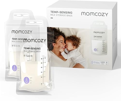 120 PCS Momcozy Storage Bags, Temp-Sensing Discoloration Breastmilk Storing Bags, Disposable Milk Storage Bag with 6oz Self Standing, No-Leak Milk Freezer Storage Pouches