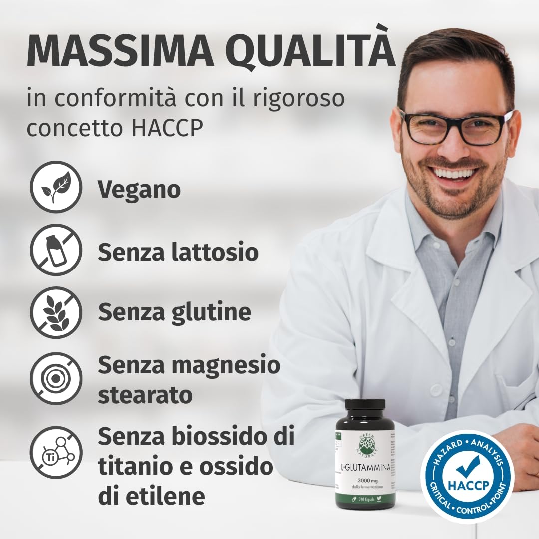 Green Naturals® L-Glutammina – Alto dosaggio 3.000 mg per dose giornaliera – Aminoacido puro in forma libera da fermentazione naturale – 100% vegana & senza additivi – 240 capsule (60 giorni)