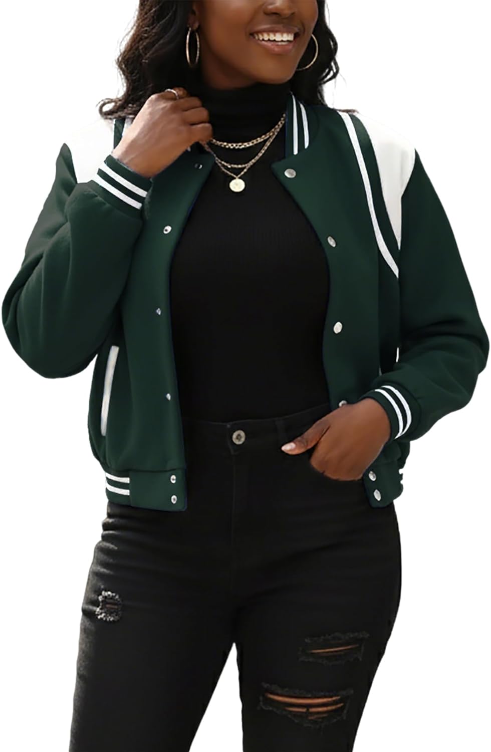 Fooullaide Womens Bomber Varsity Jacket Letterman Long Sleeve Button Down Baseball School Uniform Coat Streetwear