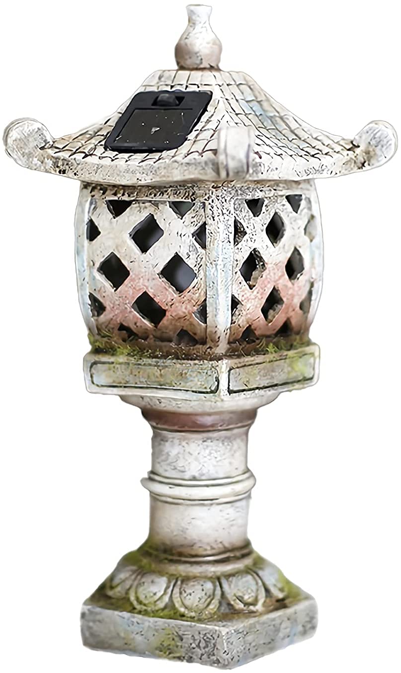 Solarny ogród japoński styl pagoda latarnia statuetka, zasilany energią słoneczną żywica rzeźba zewnętrzna lampa ogrodowa, na patio, trawnik, 30 cm wys