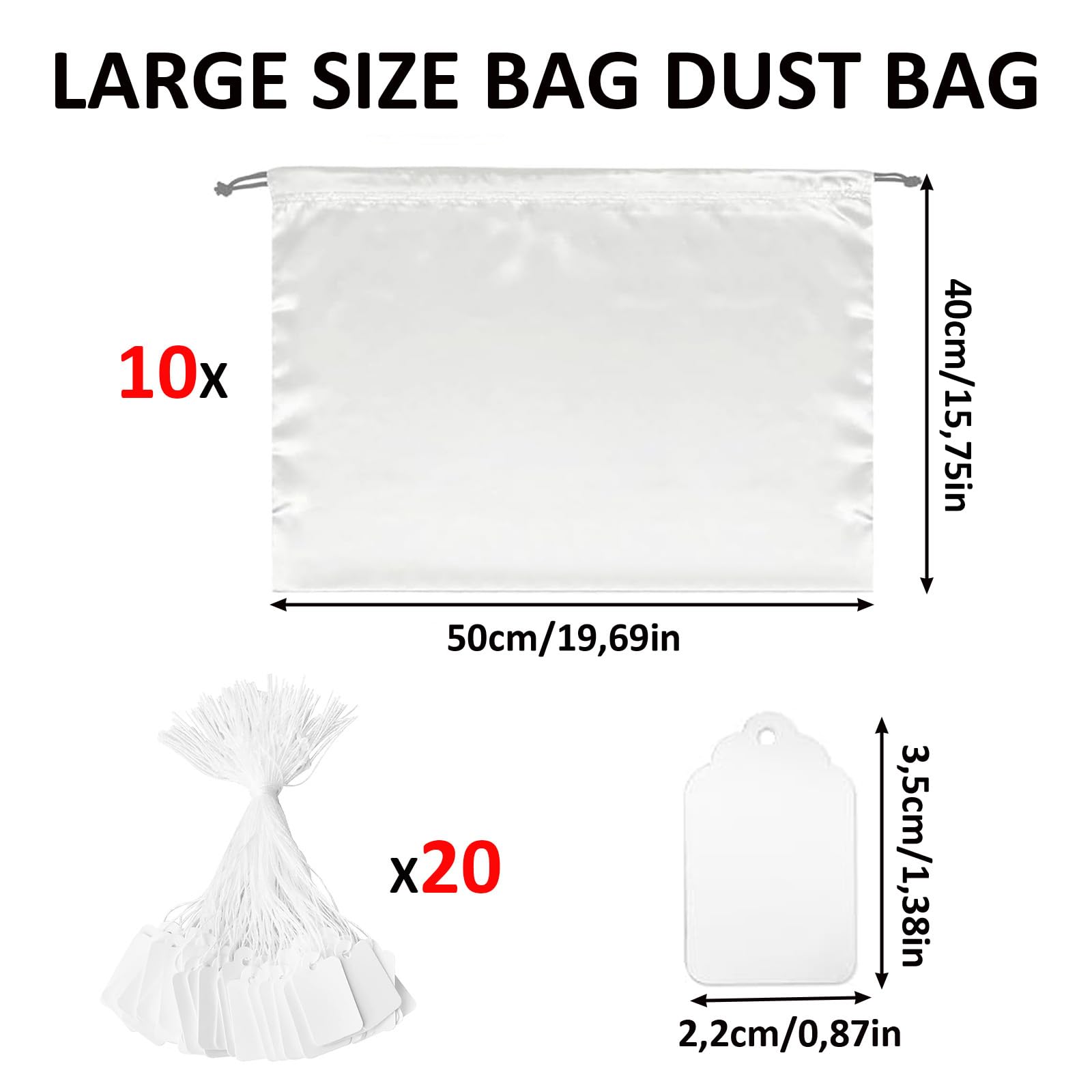 10 Pz Sacchetti con Coulisse Antipolvere In Seta, Sacchetti con Coulisse Antipolvere 50 * 40cm, Sacchetti Calzature per Viaggiare, Impermeabile Scarpe Borse, Con 20 Etichette da Appendere, Bianco