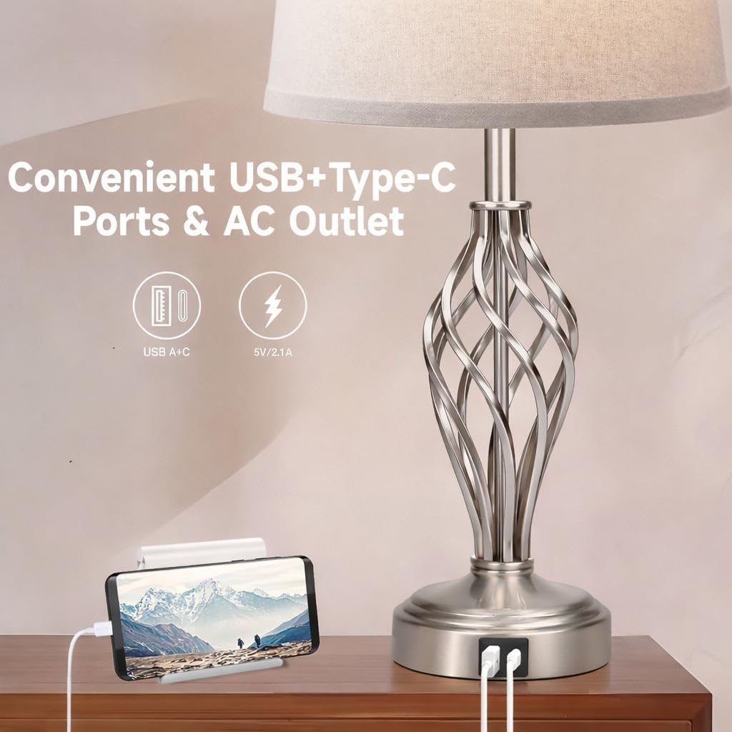 Ruiever Touch Table Lamps Set of 2, nightstand lamp with USB Ports Bedside 3 Way Touch dimmer Desk lamp for Living Room Bedroom,Nickel Plated Spiral cage Base Design Warm White dimmer Bulbs Included. image 4